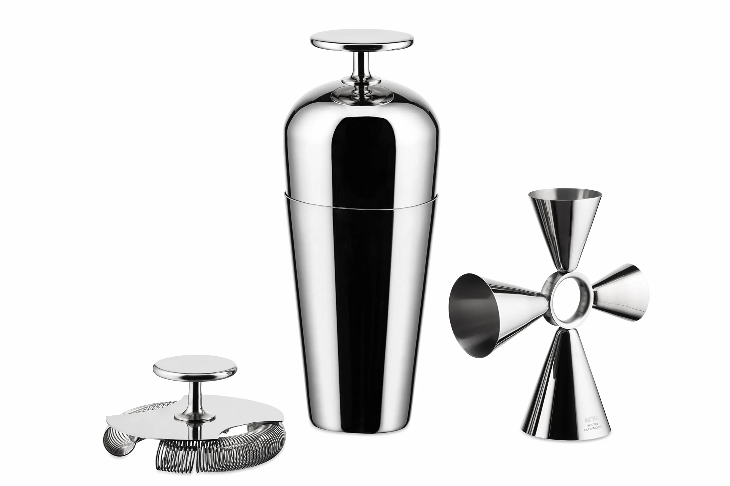 Alessi The Tending Box GIA26SET zestaw koktajlowy z shakerem Parisienne, podwójnym sitkiem barowym i dzbankiem Quadri Combo, ze stali nierdzewnej 18/10