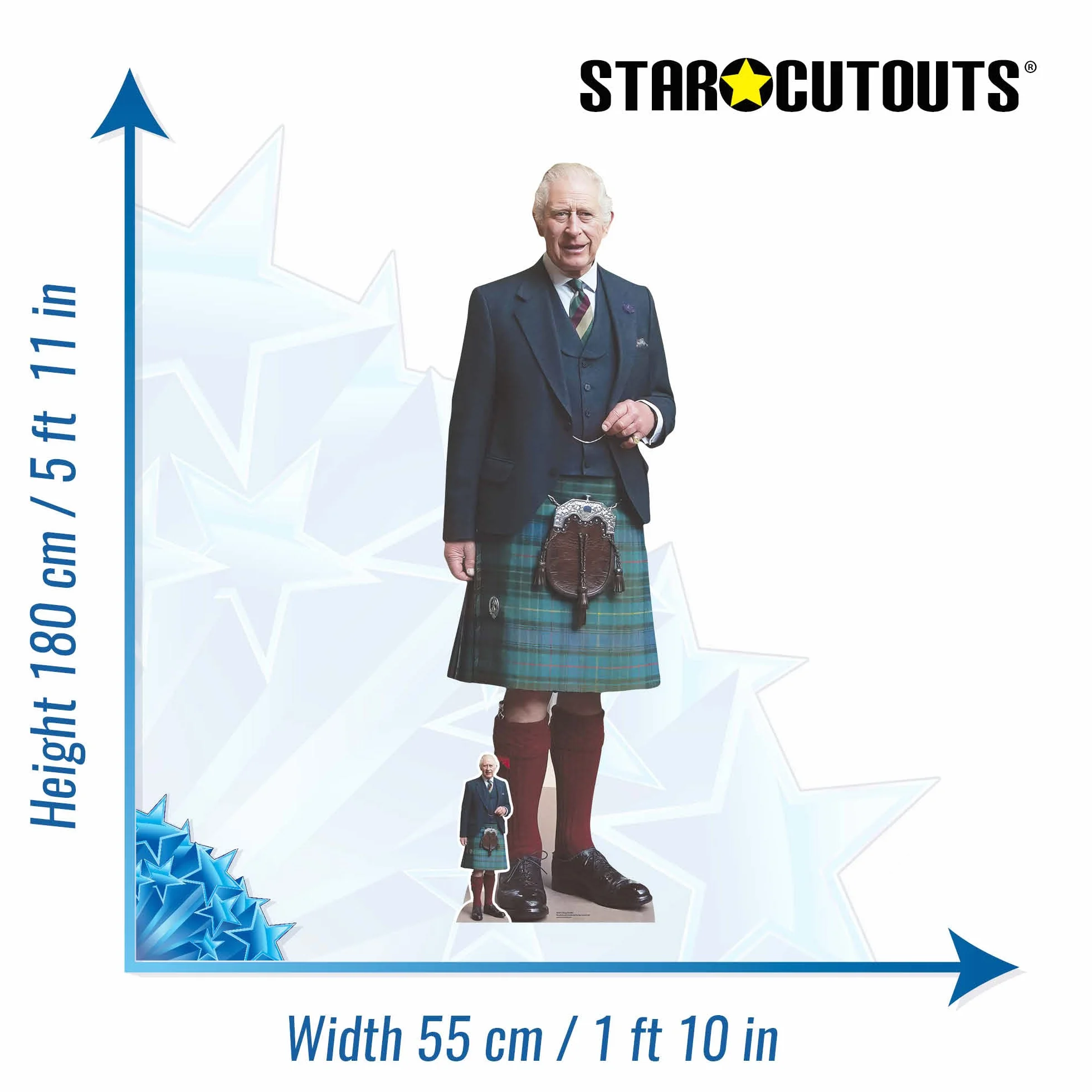 Star Cutouts SC4212 King Charles Kilt dekoracja koronacyjna króla Karola profesjonalna jakość druku z bezpłatnym wycięciem koronacyjnym Mini King Charles