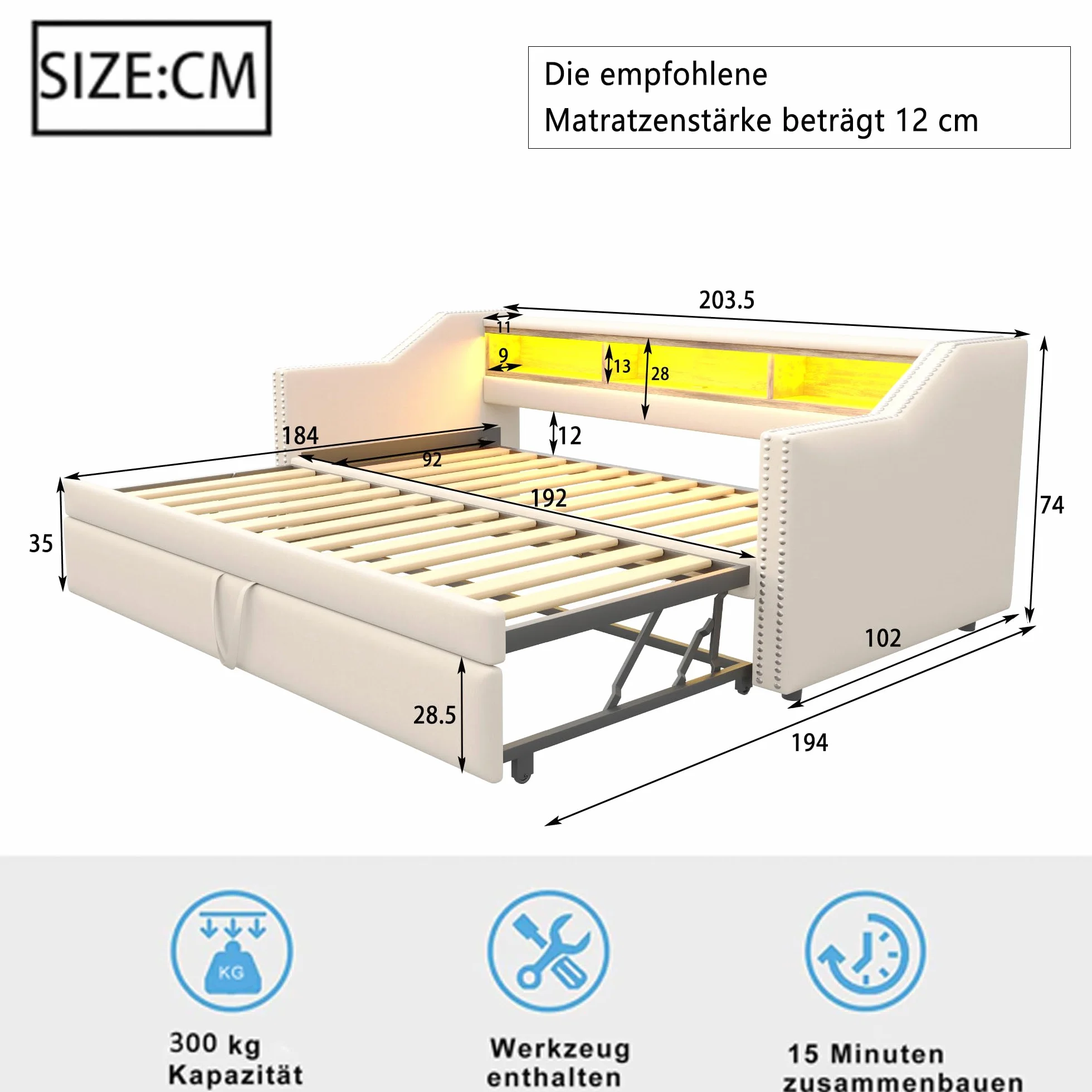 Łóżko dzienne 90/180 x 190 cm z łóżkiem dla gości, rozkładane na tę samą wysokość, sofa z funkcją spania dla 2 osób, len (beżowe)