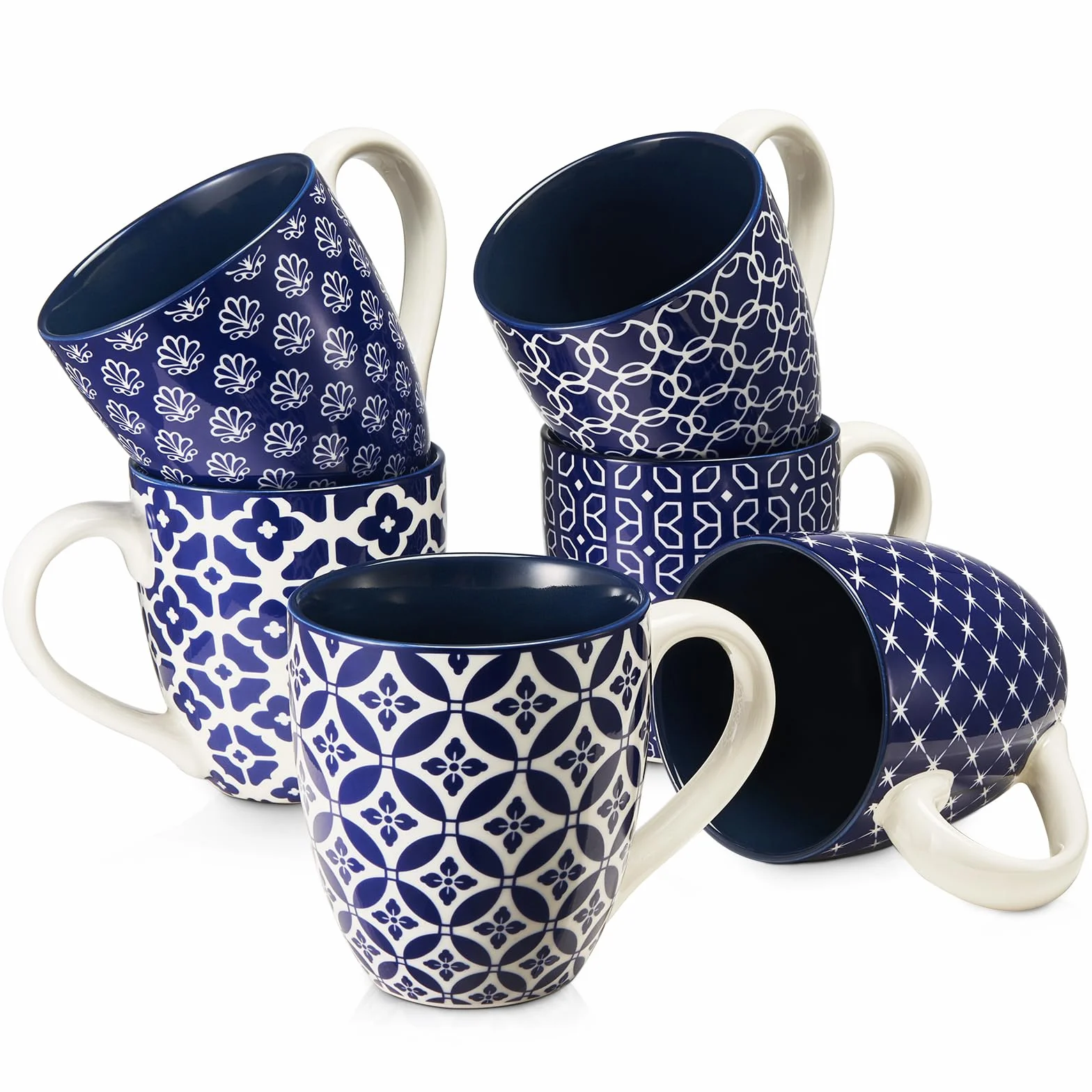 DOWAN Zestaw filiżanek do kawy 6 x 560 ml porcelanowe duże kubki chiński tradycyjny styl niebieski biały