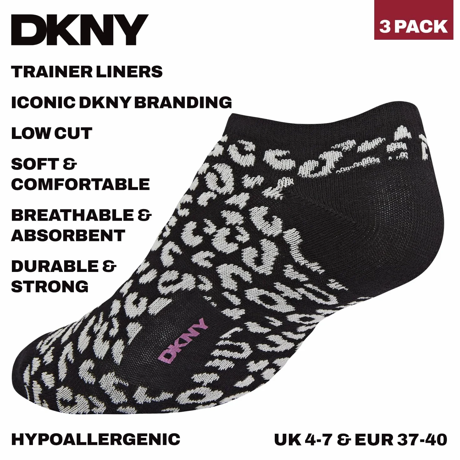DKNY damskie skarpety do kostki, designerskie bawełniane skarpety, rozmiar 4-7 wielopak z nadrukiem panterki czarny/szary/antracyt
