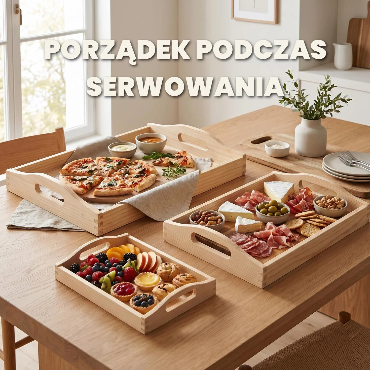 Zestaw drewnianych tac 3 szt. - prostokątne tace do serwowania w 3 rozmiarach z ergonomicznymi uchwytami i podwyższonym rantem, duże tace do kuchni i serwowania