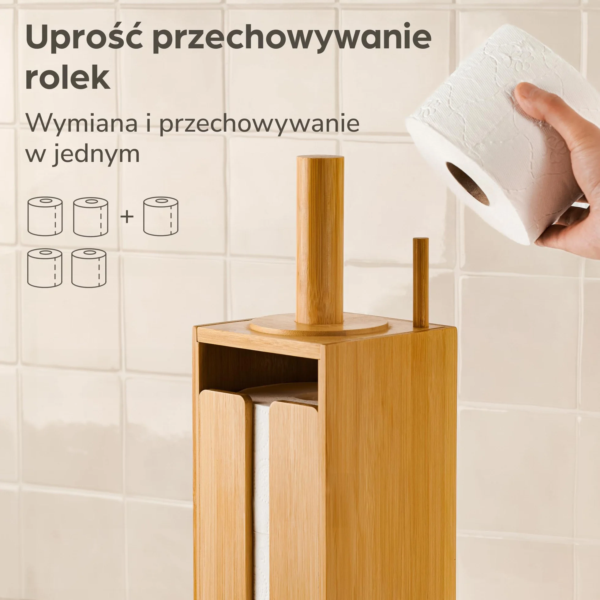 Stojący Uchwyt na Papier Toaletowy Bambus FSC z Magnetyczną Pokrywą 4 Rolki Antypoślizgowy