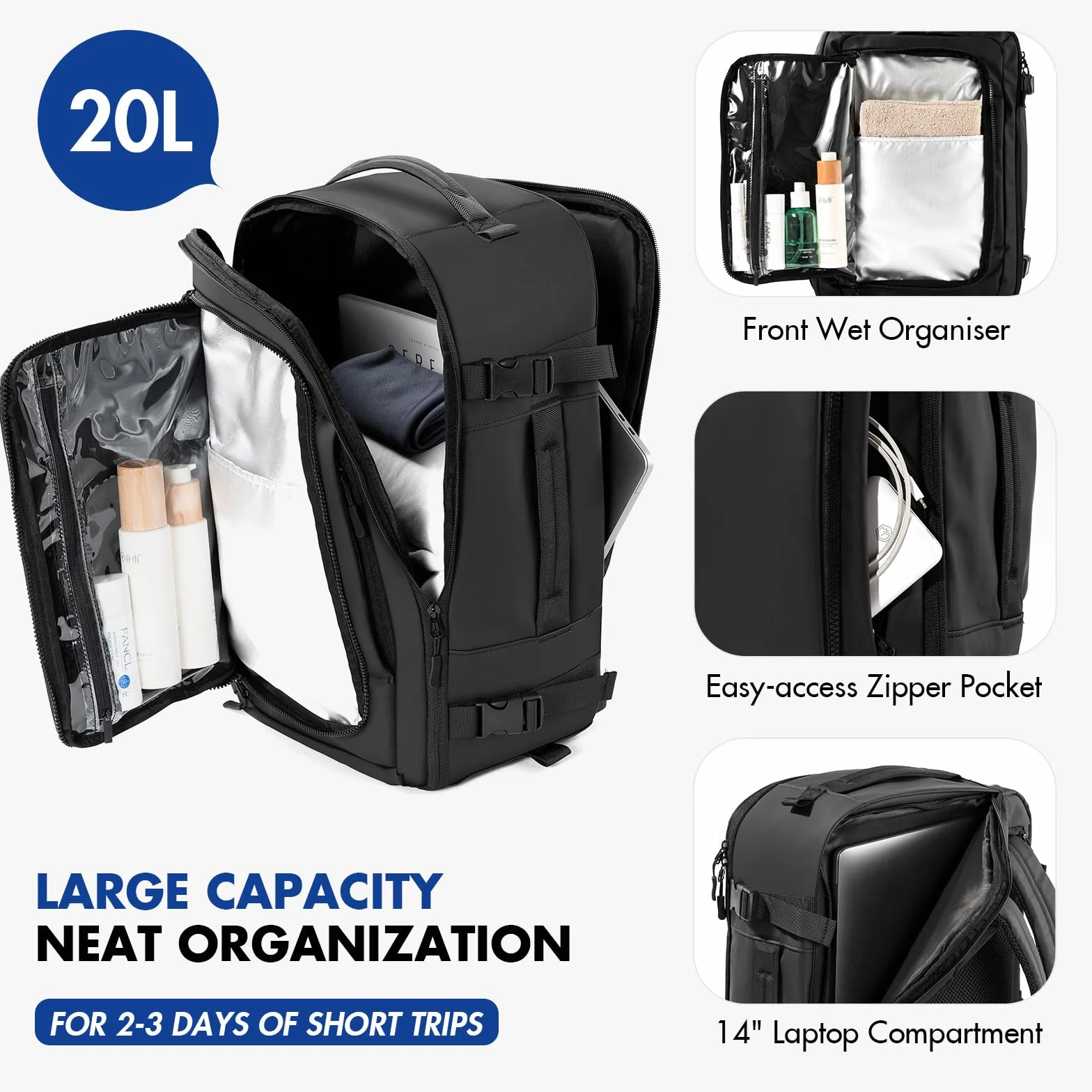 Plecak podróżny, bagaż podręczny do samolotu, wodoszczelny, na laptopa, torba podróżna, na podróż biznesową, do pracy, na urlop, 20 l, 28 l, 40 l