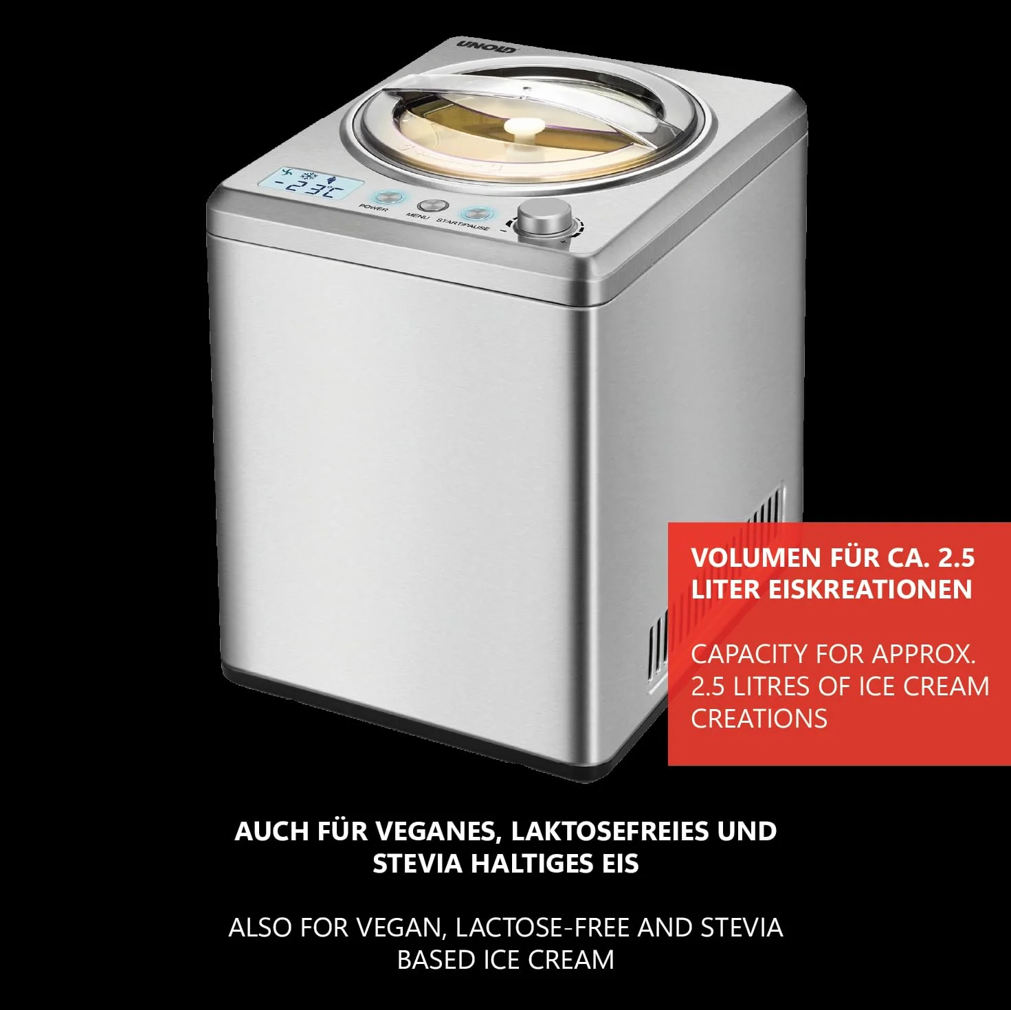 Unold 48880 Maszyna do lodów Profi Plus, 2,5 l, stal nierdzewna, w pełni automatyczna, sprężarka samochłodząca, wyświetlacz LCD, timer, również do lodów wegańskich, bezlaktozowych i zawierających stewię
