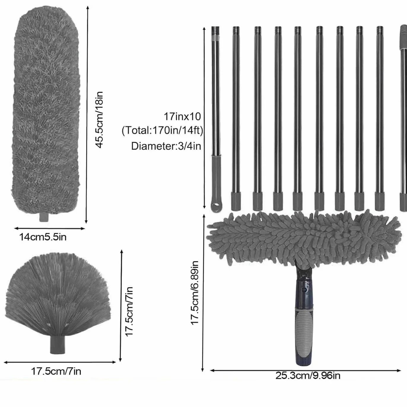 High Reach Duster Kit 1.5-4.9m Extension Cord Extendable Long Handle Spider Web Cleaner Ceiling Fan Brush