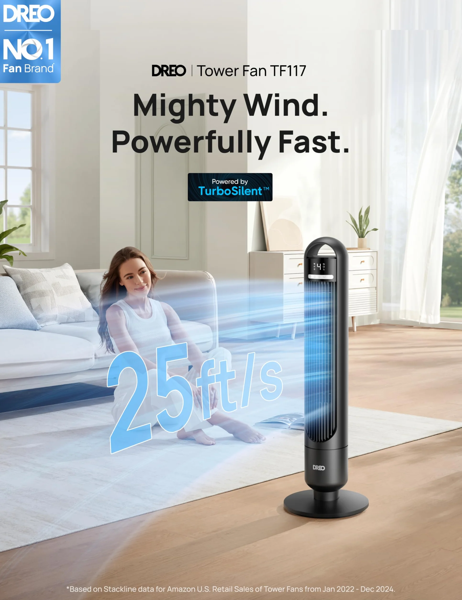 Dreo Cichy wentylator wieżowy 23dB 9,8m 4 prędkości 3 tryby 8h timer 90° oscylacja czarny