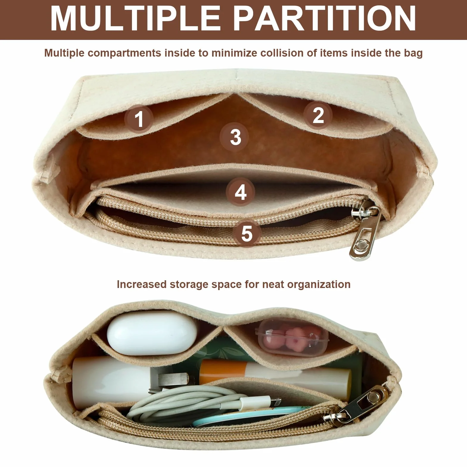 2 x organizer na mini torebki, kompatybilny z Longchamp, z wieloma kieszeniami, czarny i beżowy, 17 x 5 x 8 cm