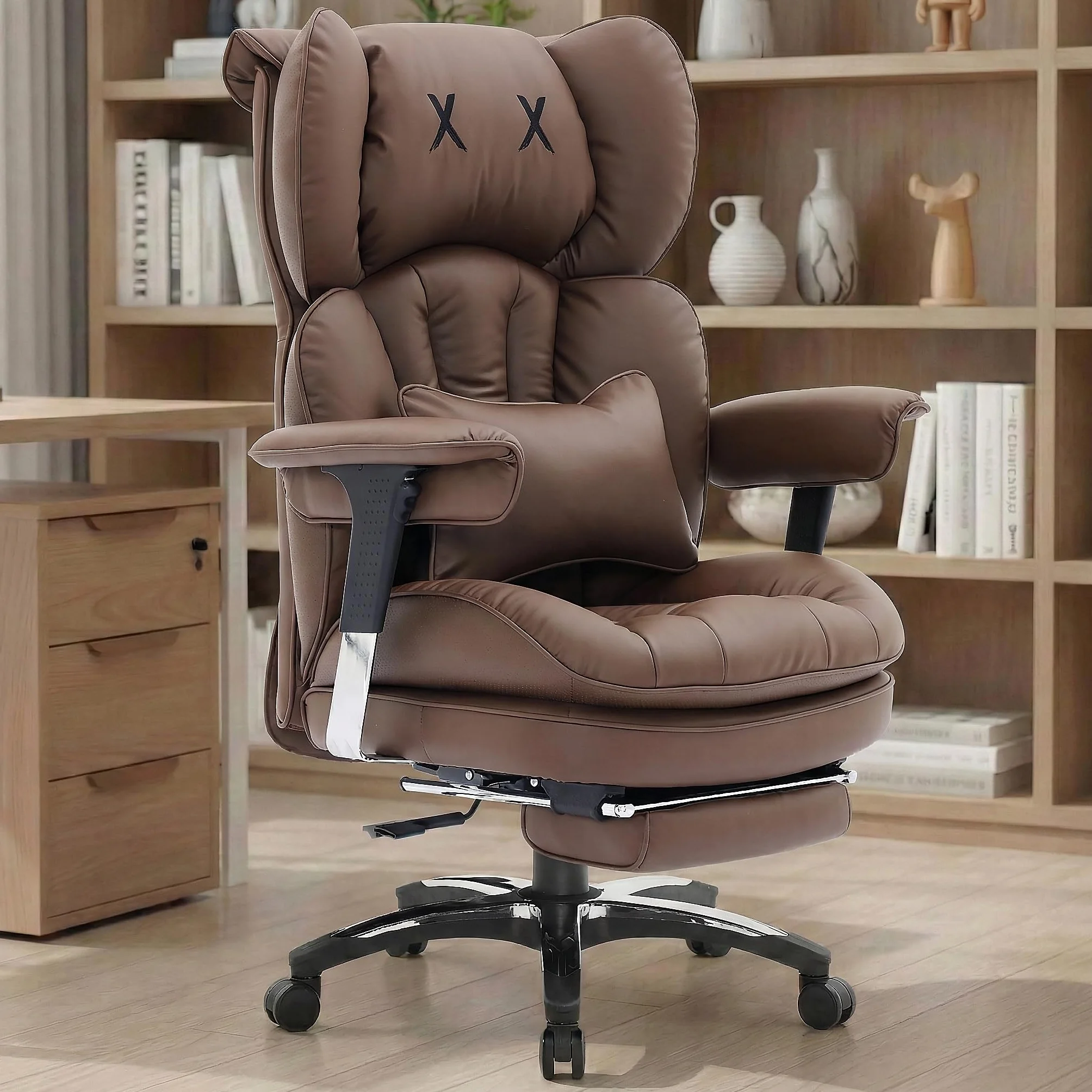 Efomao Ergonomiczny fotel biurowy z podnóżkiem, regulowany fotel gamingowy z poduszką lędźwiową i zagłówkiem, obrotowy fotel komputerowy z funkcją odchylania
