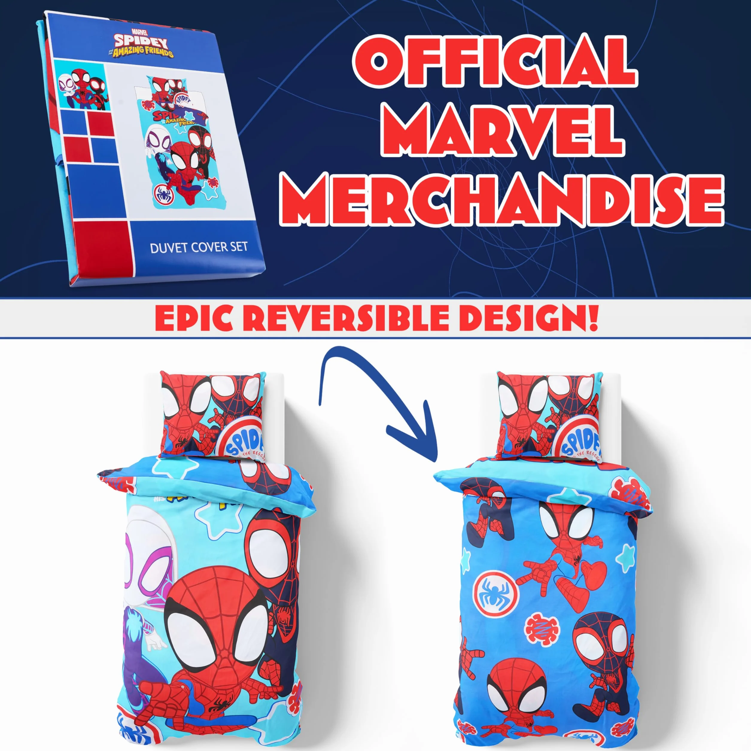 Marvel Spiderman poszewka na kołdrę i poszewka na poduszkę, zestaw pościeli dla dzieci i nastolatków, akcesoria do sypialni, rozmiar pojedynczy (niebieski pająk)