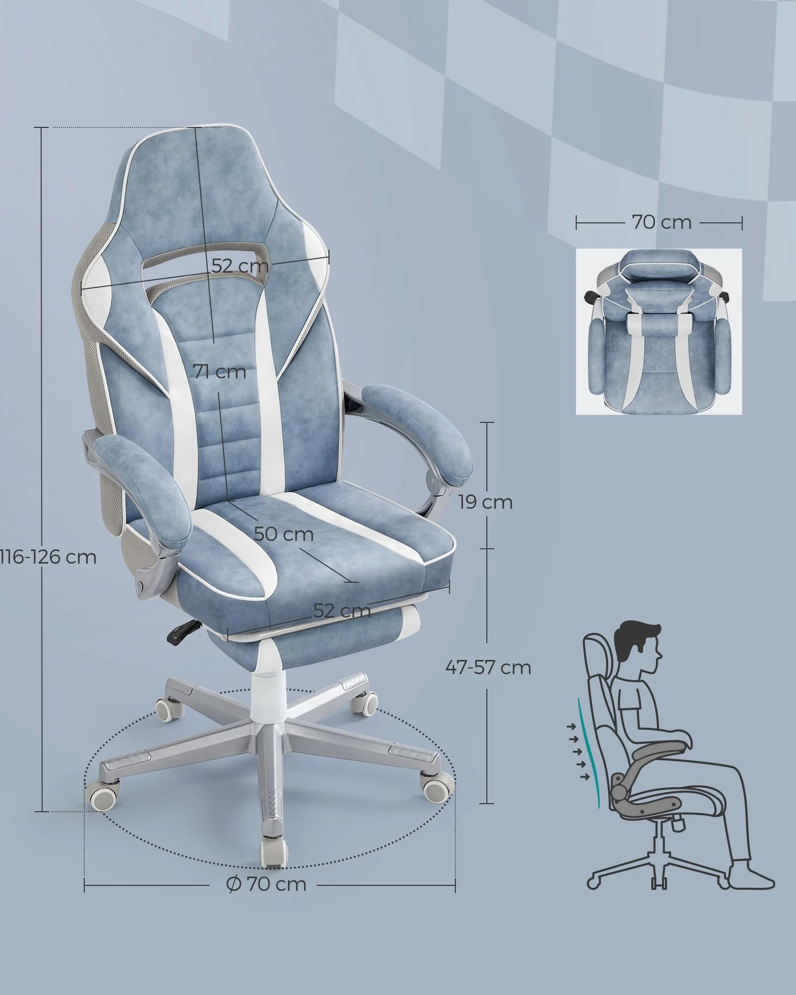 SONGMICS Fotel biurowy, fotel gamingowy, regulowany, podnóżek teleskopowy, mechanizm kołyskowy, zagłówek, podparcie odcinka lędźwiowego, obciążenie 150 kg, błękitny i kremowo-biały OBG073Q01