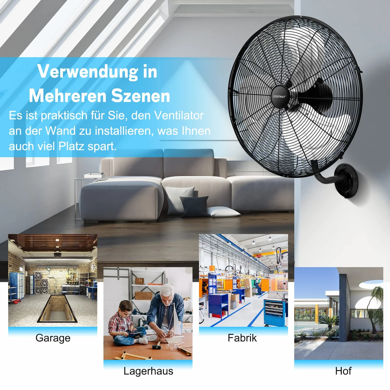 COSTWAY Wentylator ścienny 56 cm oscylujący 3 stopnie