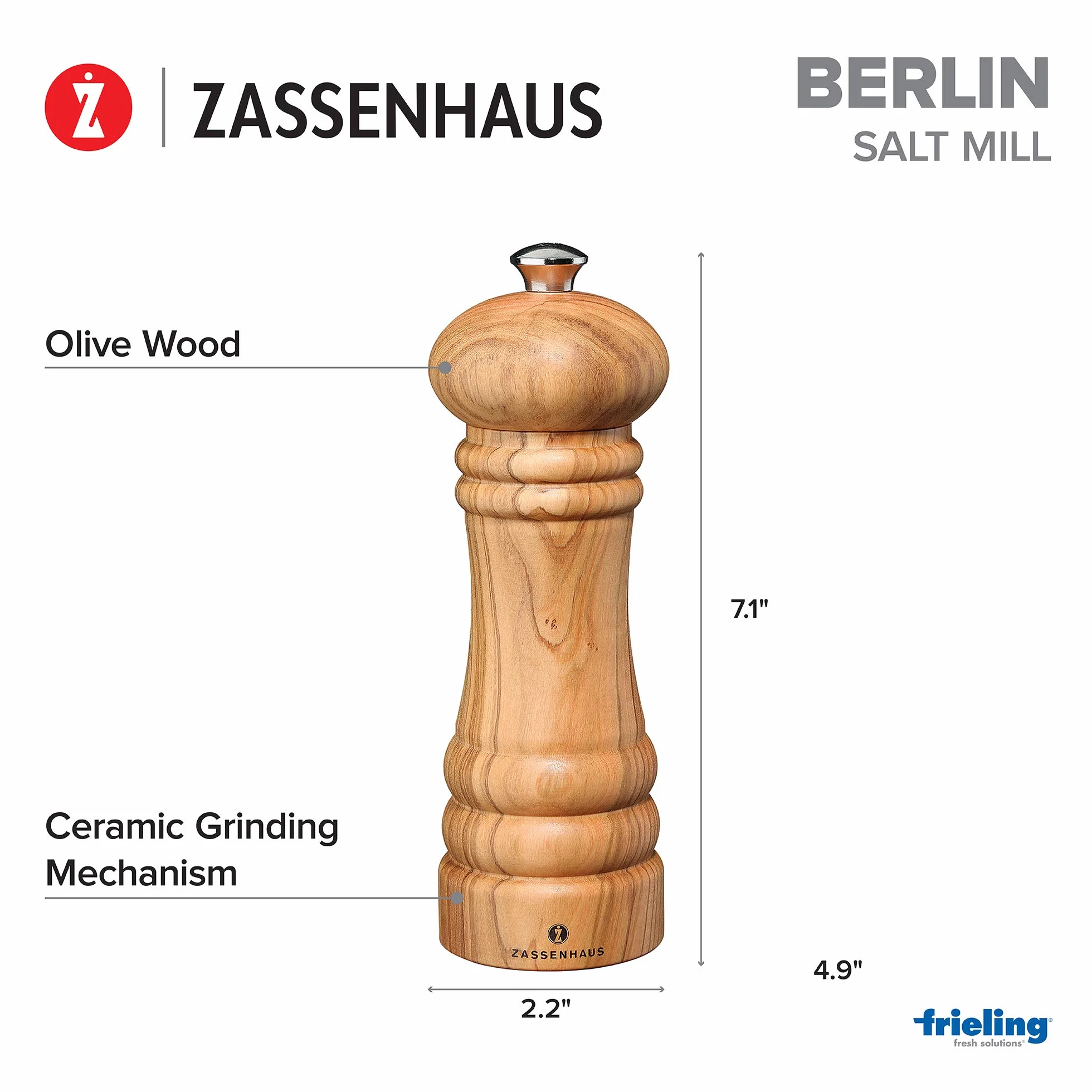 Zassenhaus Młynek do soli BERLIN | 18 cm | drewno oliwkowe | oryginalny ceramiczny mechanizm mielący Zassenhaus Made in Germany | nadaje się do suszonych przypraw | młynek do przypraw | pomysł na prezent | pomocnik kuchenny