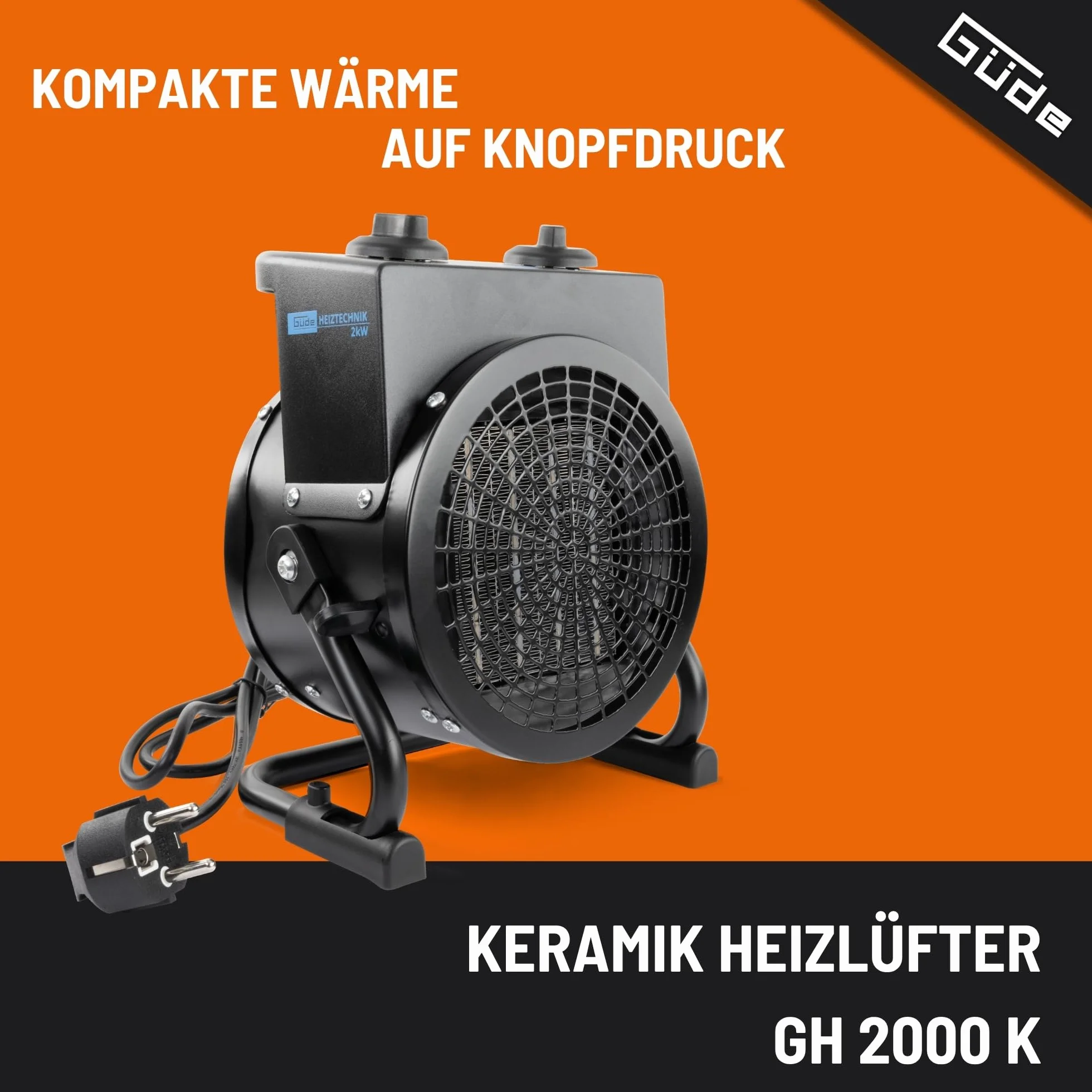 Güde 85178 ceramiczny termowentylator GH 2000 K (2000 W, 2 stopnie grzania 1000/2000 W, 45 m³ maks. zdolność grzewcza pomieszczeń, ceramiczny element grzejny PTC, termostat bezstopniowy, ochrona przed