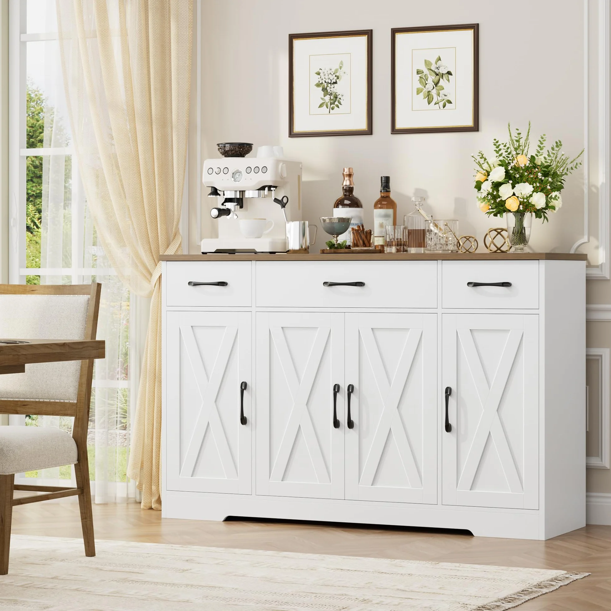 HOCSOK Kredens 140 cm szafka kuchenna z regulowanymi półkami i szufladami 4 drzwi biało-brązowa