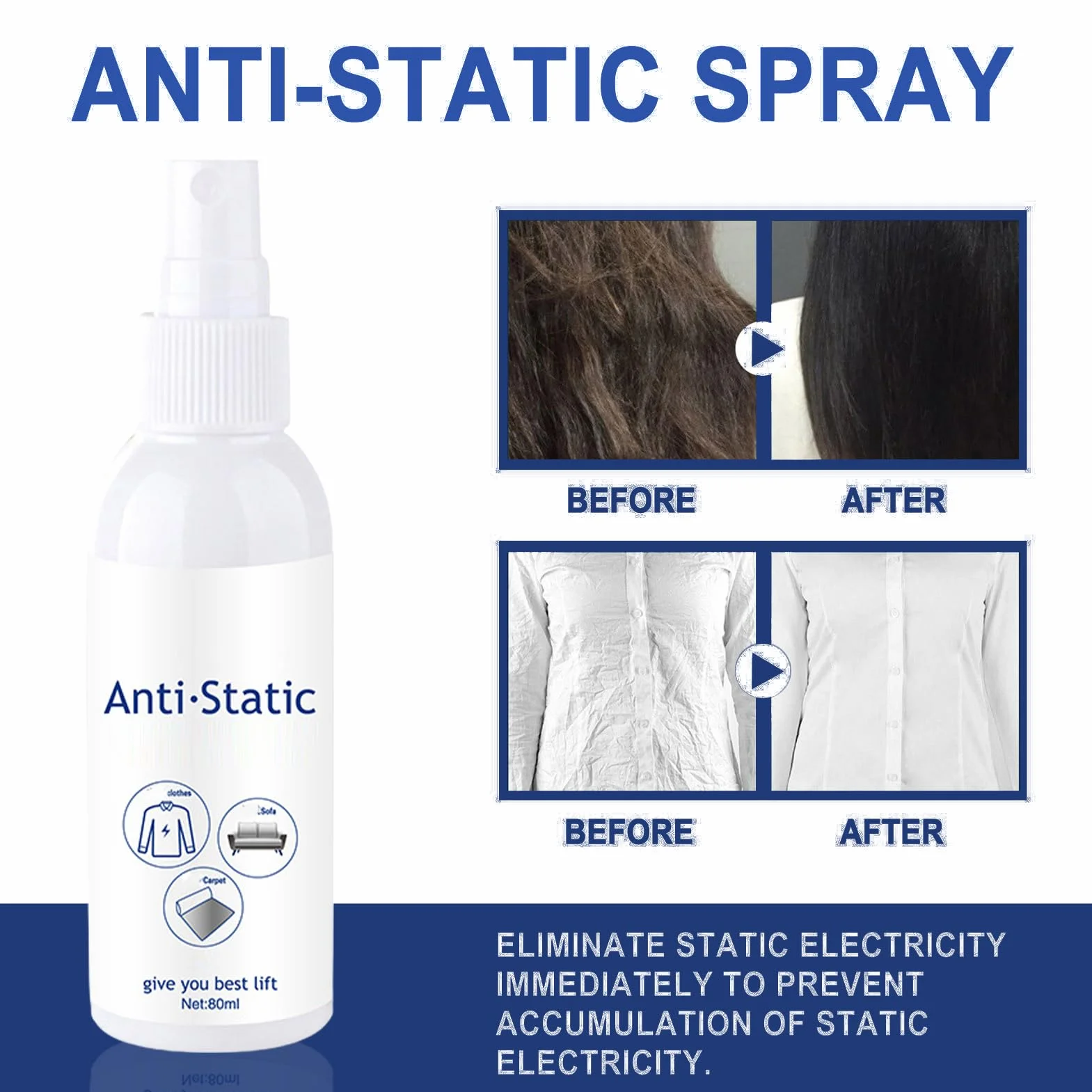 Spray statyczny, 80 ml, antystatyczny odświeżacz materiału, natychmiastowy efekt wygładzania i płyn do płukania tkanin, dywanów i mebli o długotrwałym działaniu