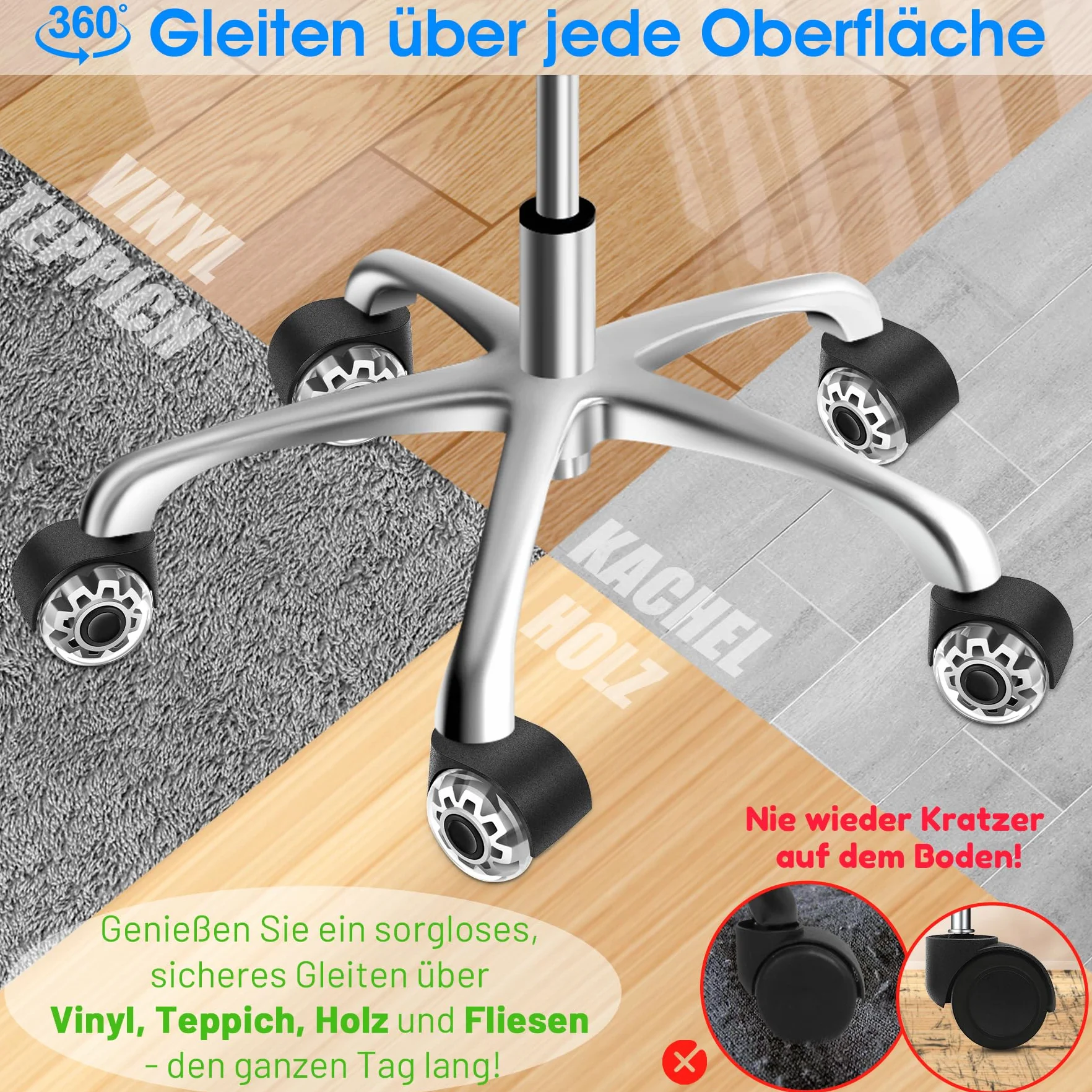 Krzesło biurowe z kółkami 11 x 22 mm, obrót 360°, do drewnianych podłóg i dywanów
