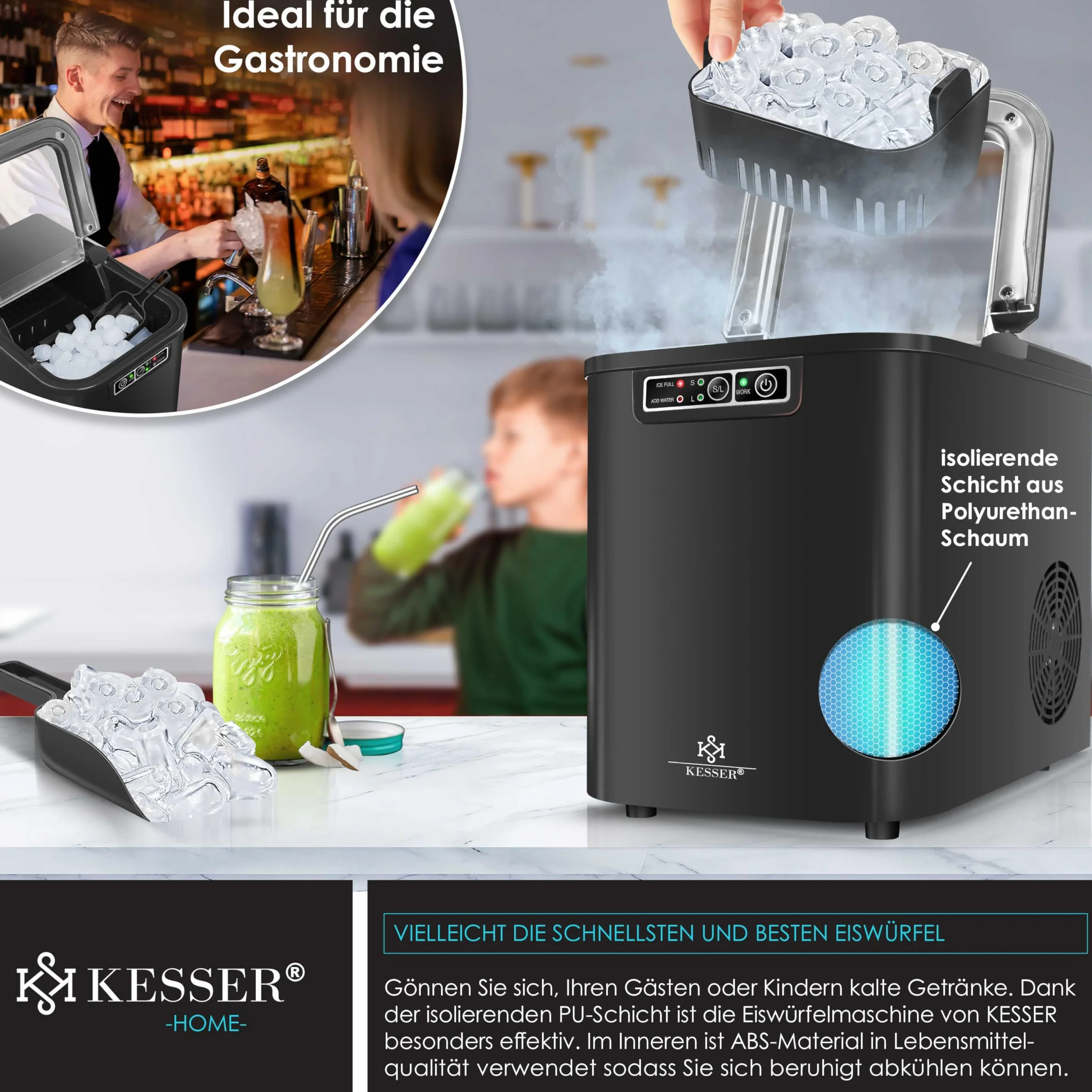 KESSER Ice Maker Stainless Steel 12 kg 24 h 2,2 l Zbiornik Wody LED Samooczyszczanie