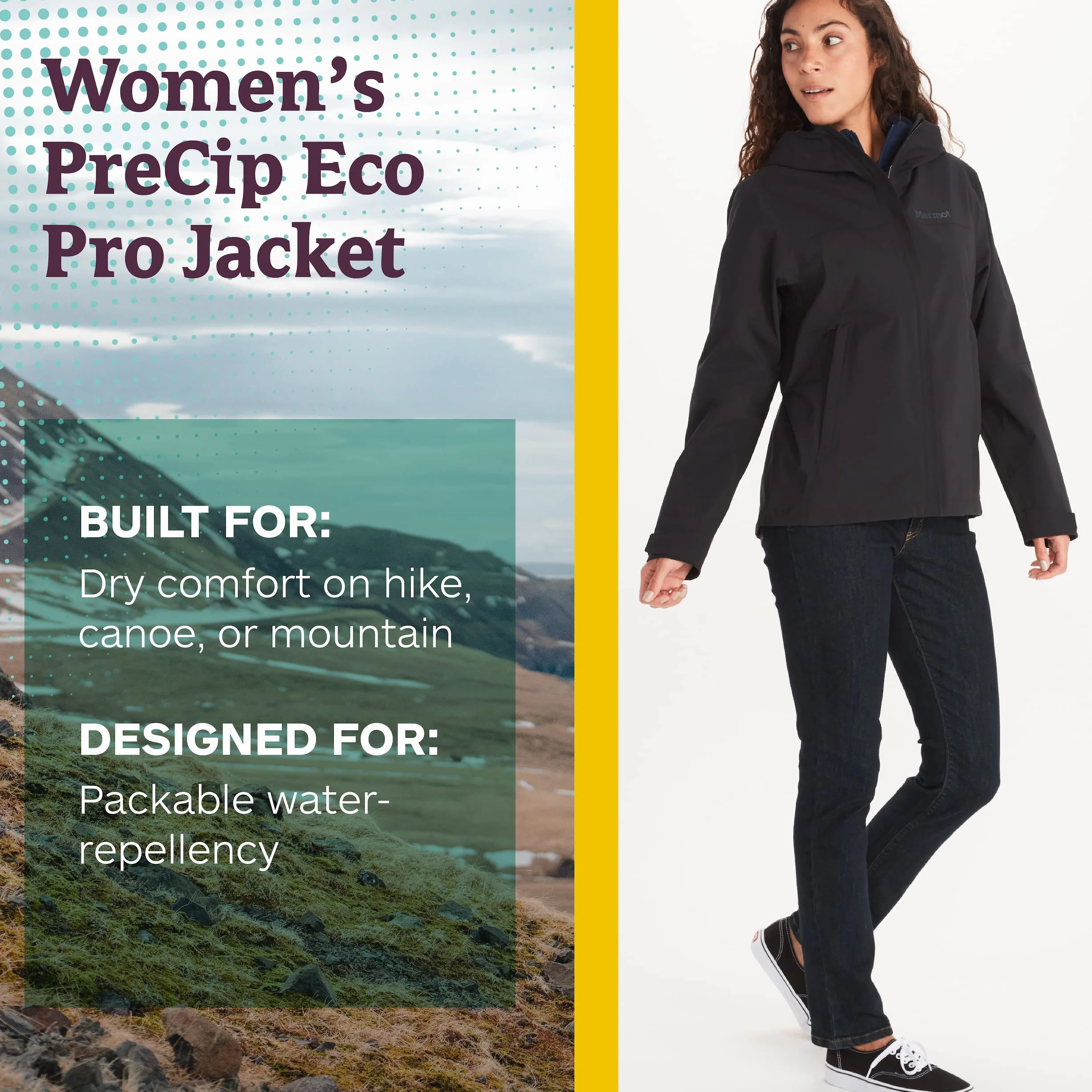 Marmot Kobiety Wm's PreCip Eco Pro Jacket, Wodoodporna kurtka przeciwdeszczowa, oddychający płaszcz przeciwdeszczowy, składana wiatrówka hardshell, idealna na trekking, Black, M