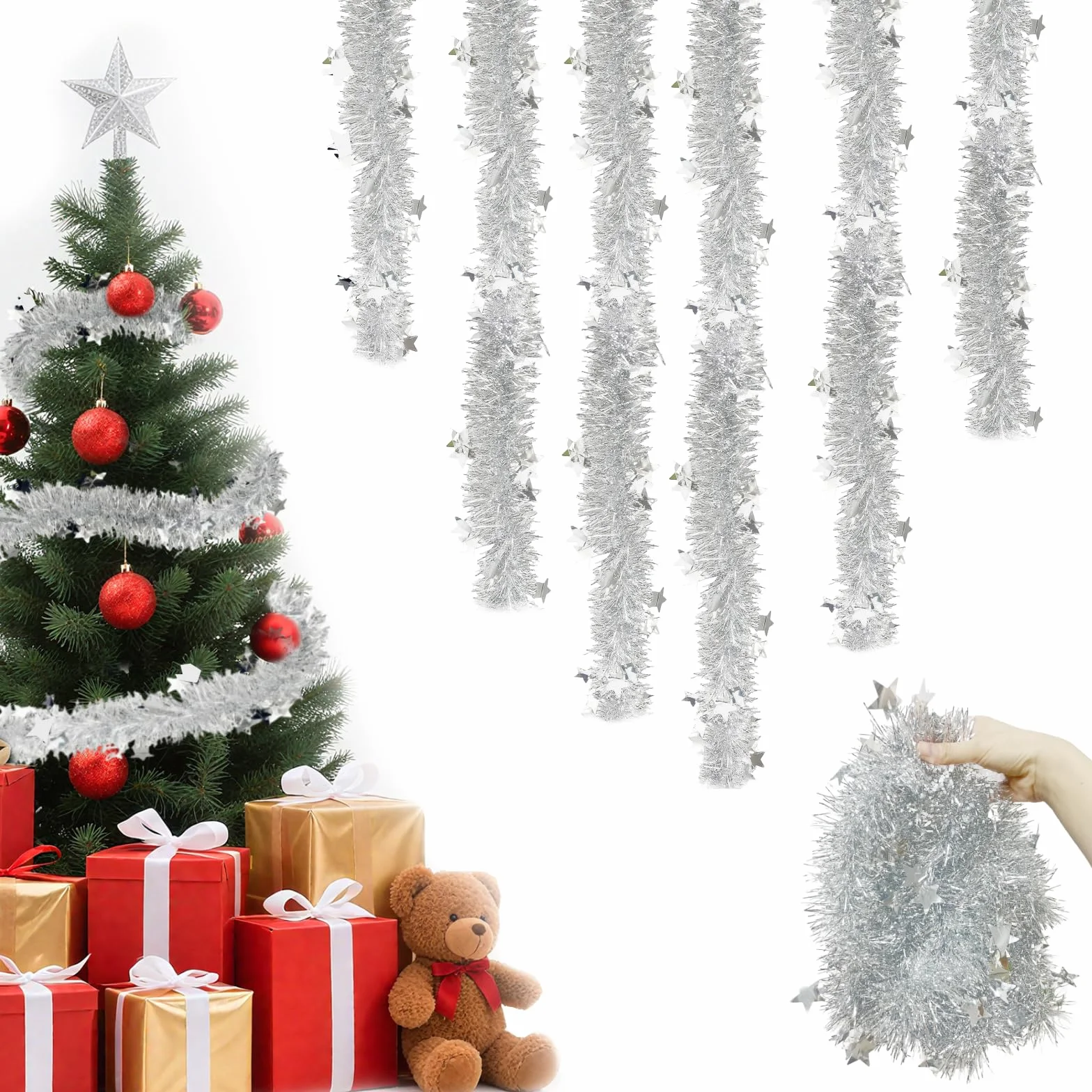 Girlanda świecidełkowa na Boże Narodzenie, 6 szt. x 3 m, migocząca metalowa girlanda świecidełkowa, sztuczna choinka do powieszenia na Boże Narodzenie, kominek, choinki, dekoracja drzwi (srebrne)