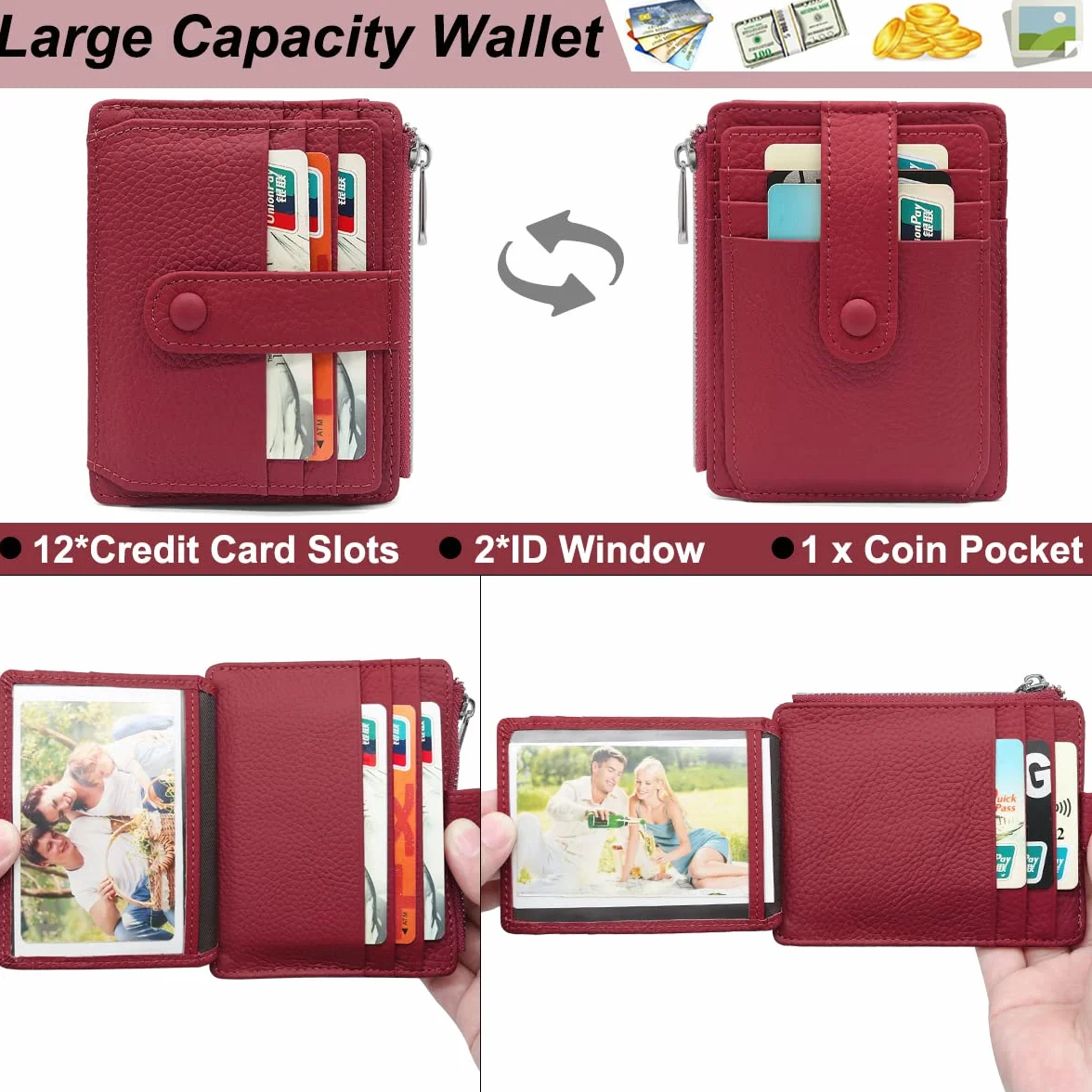 REETEE Portfel damski i męski, mały, z prawdziwej skóry, etui na karty, ochrona RFID, kieszeń na monety, 14 przegródek na karty, Slim Wallet na prezent, czerwony (Weinrot), M, minimalizm