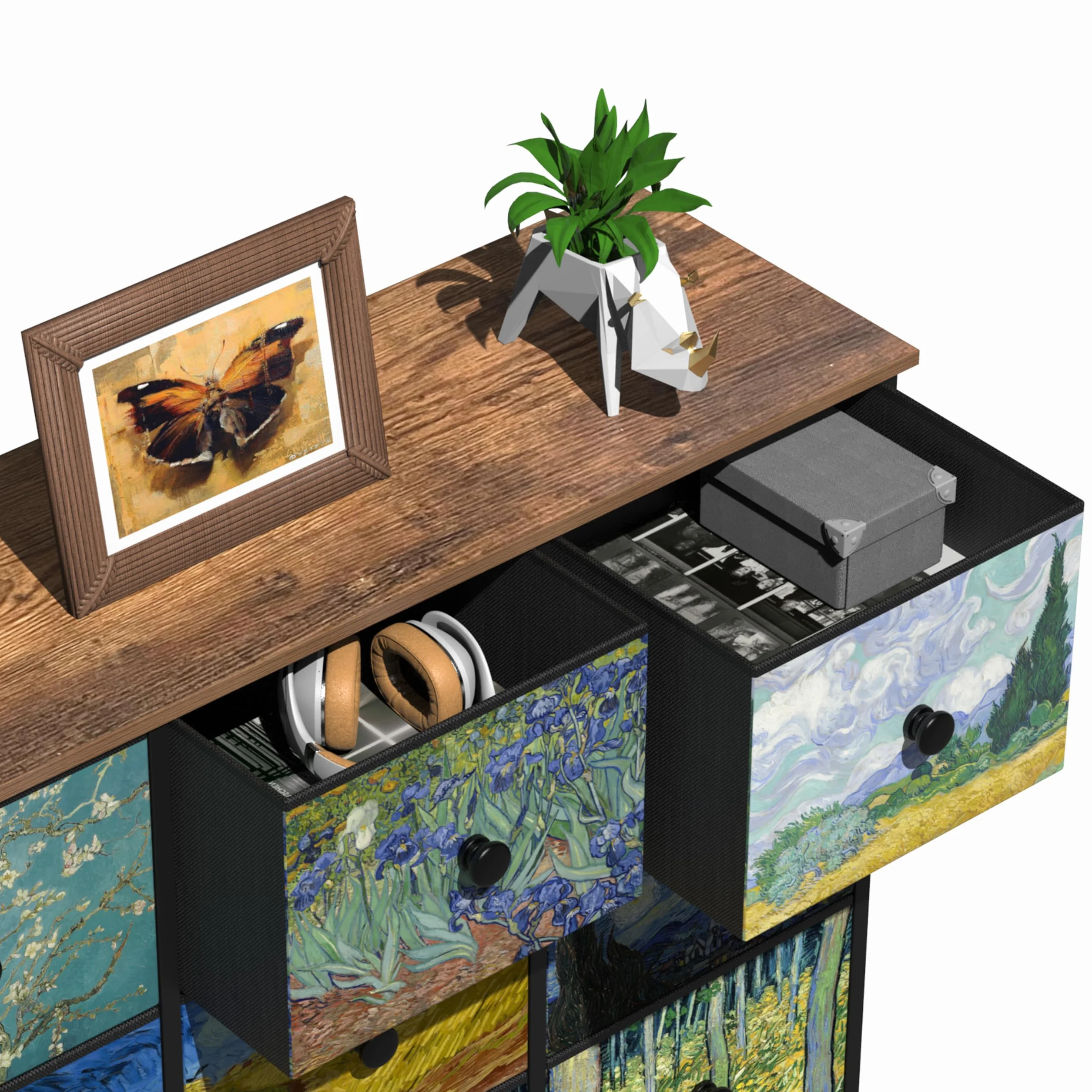 VEDECASA Van Gogh komoda z szufladami, 9 szuflad z materiału, z uchwytami, do szafy, salonu, pokoju dziecięcego, metalowa rama, płyta drewniana, komoda z materiału