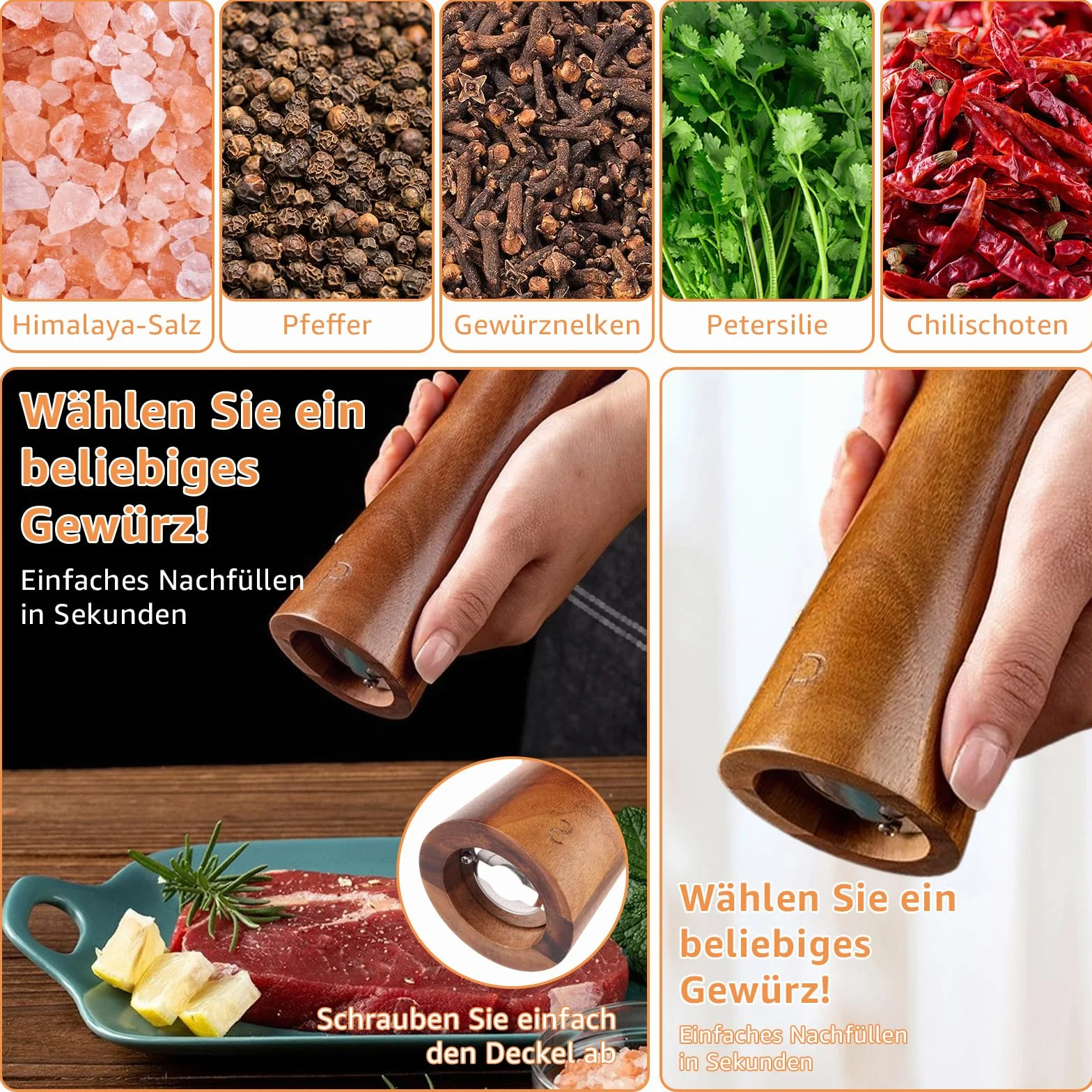 zestaw młynków do soli i pieprzu, drewniany, 21 cm, duży młynek do pieprzu z ceramicznym mechanizmem mielącym, młynek do soli i pieprzu, zestaw młynków do przypraw w eleganckim pudełku
