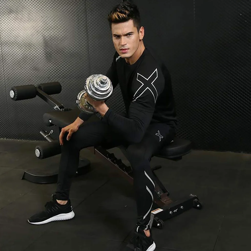Moda odzież fitness, czteroczęściowy dres treningowy, odzież sportowa dla mężczyzn, elegancka, czarna, L