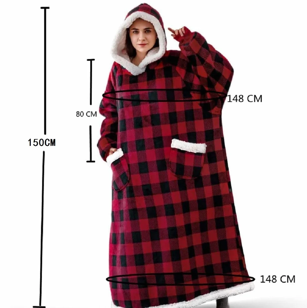 Sacebeleu Przytulny koc z rękawami, oversize, miękki koc z kapturem, Sherpa dla kobiet i mężczyzn, puszysty flanelowy koc do oglądania telewizji z rękawami, przenośny, na całe ciało, kratka