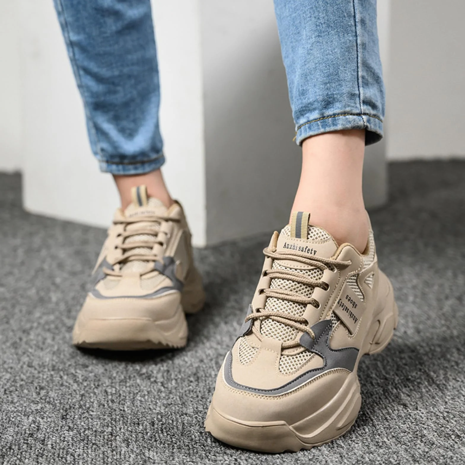 Micoklinlin Damskie buty robocze, modne buty ochronne, lekkie, stalowe noski, dla kobiet, z odblaskowymi paskami