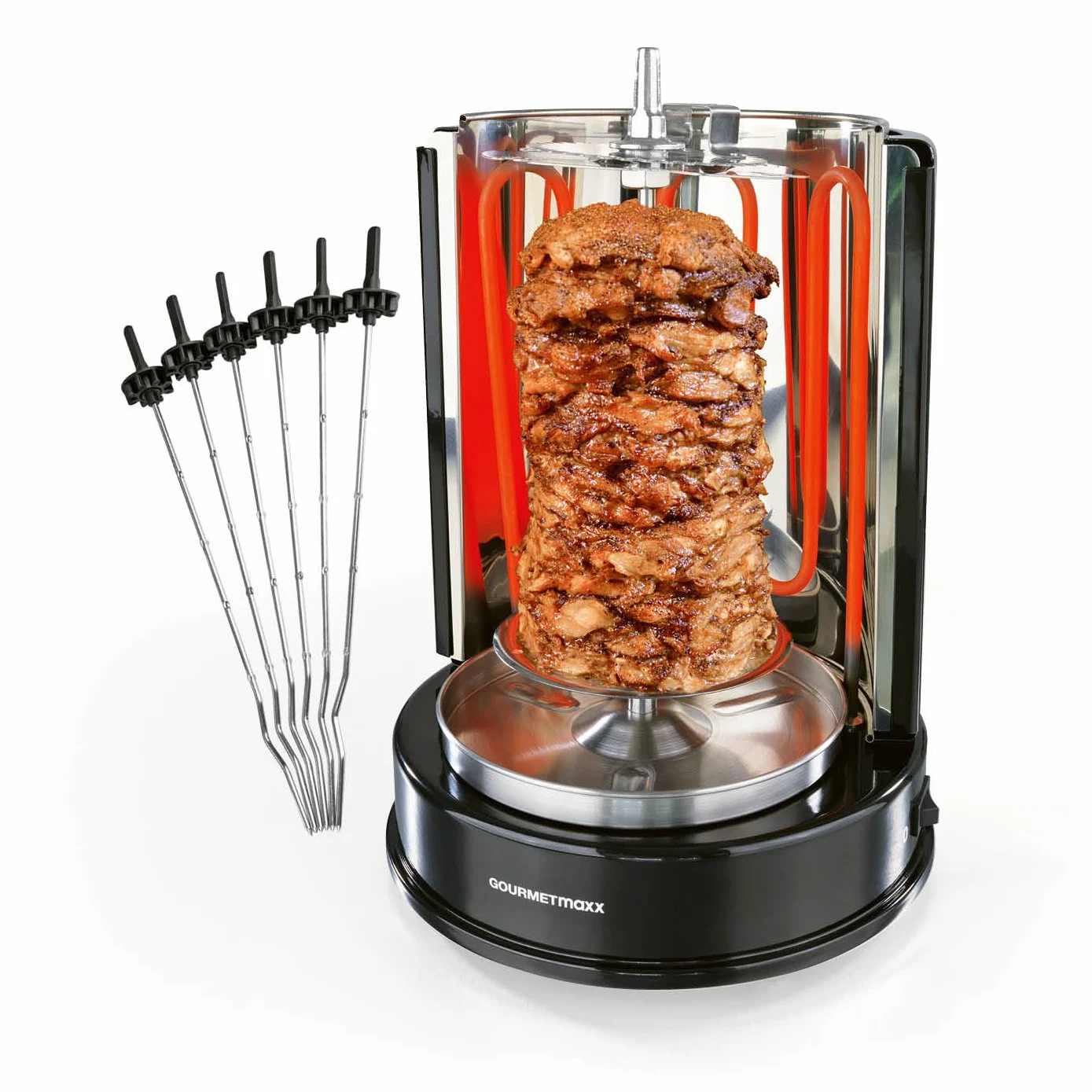 GOURMETmaxx Grill do kebaba | pionowy grill elektryczny do kebaba, żyroskopu, szaszłyka | grill elektryczny ze średnim szpikulcem i 6 dodatkowymi szpikulcami, może być również stosowany jako grill do
