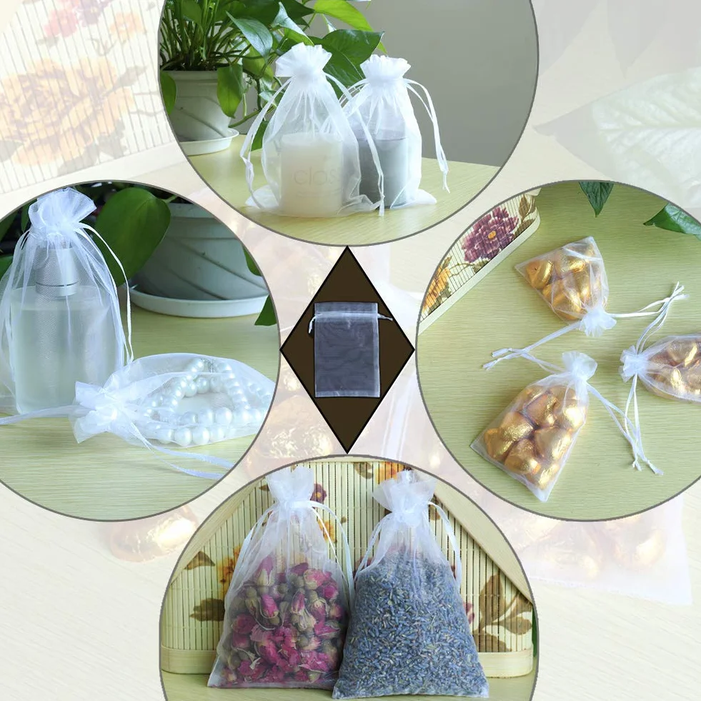 Leeyunbee 100 szt. Białe woreczki z organzy 10 x 15 cm woreczki z organzy, woreczki, na prezent, biżuteria, ślubne torebki na cukierki, na imprezę festiwalową i wesele, satynowy sznurek