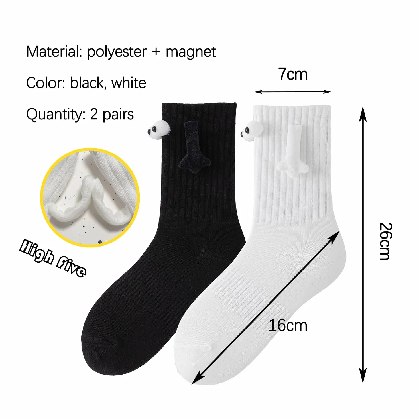 2 pary magnetycznych skarpet dla par, wzór oczu 3D, zabawne kreskówki, unisex (biały+czarny)