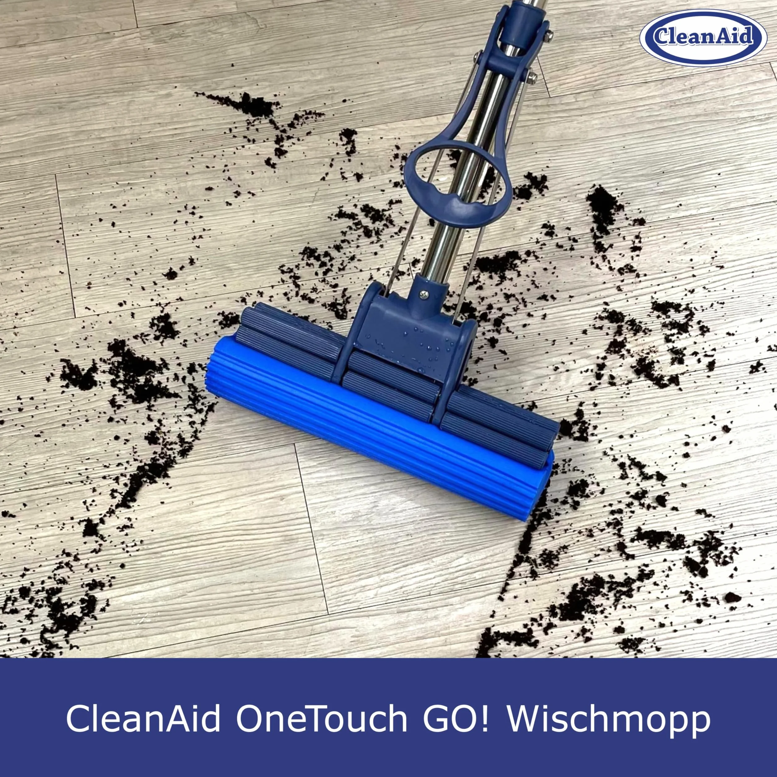 OneTouch GO! Mop ze stali nierdzewnej – trzonek segmentowy, 2 x gąbka PVA, funkcja One-Touch, wyciśnięcie bez smug, do laminatu, parkietu i płytek – higieniczna wycieraczka do podłogi bez