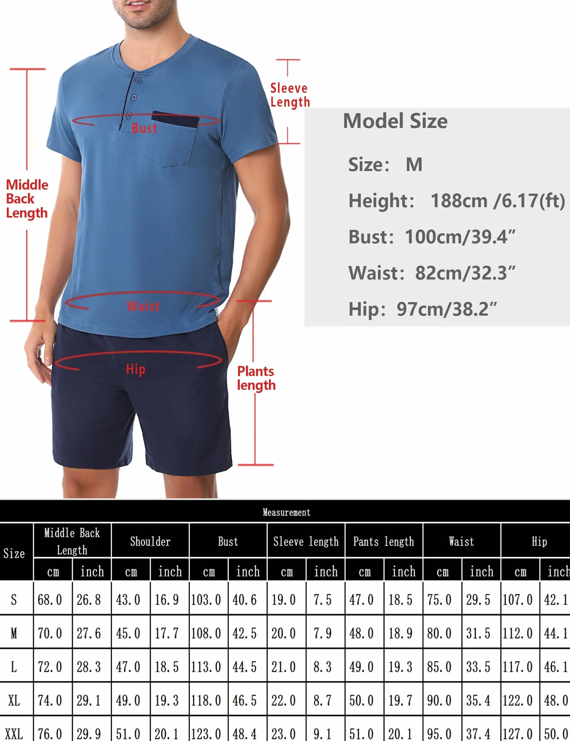 Aseniza Męska piżama krótka piżama bawełniana listwa guzikowa letnia krótka piżama z T-shirtem i szortami dla mężczyzn