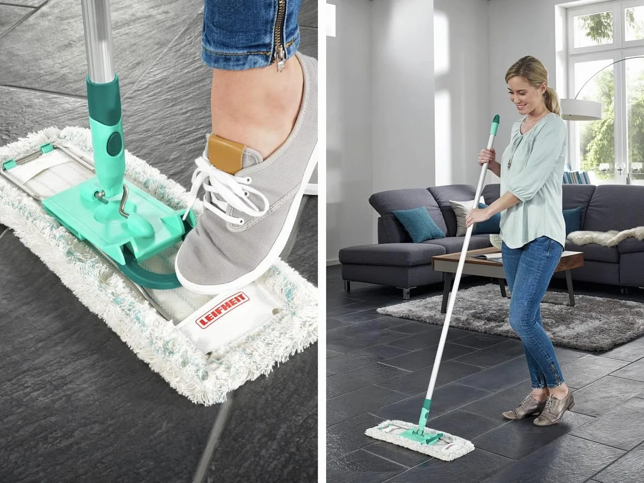 Leifheit Profi XL cotton plus teleskopowy uchwyt 80-135 cm ze stali do płytek i podłóg kamiennych, mop do odkręcania za pomocą kliknięcia nożnego, przegub obrotowy 360°, system zatrzaskowy