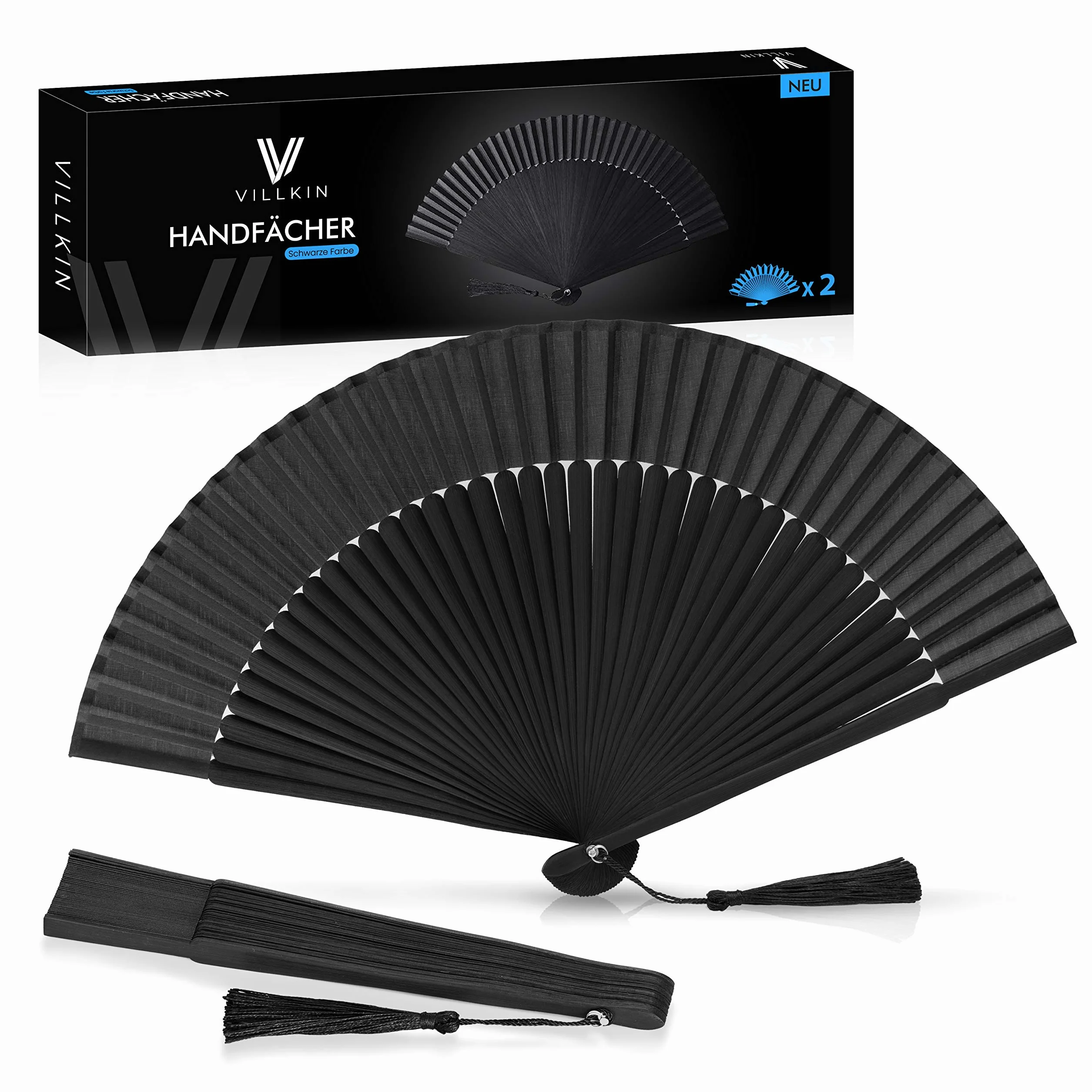 2x Villkin wachlarze ręczne - ORYGINALNE - 2 wachlarze ręczne na łagodzenie upałów latem, na wesela i karnawał (czarne, zestaw 2 sztuki)