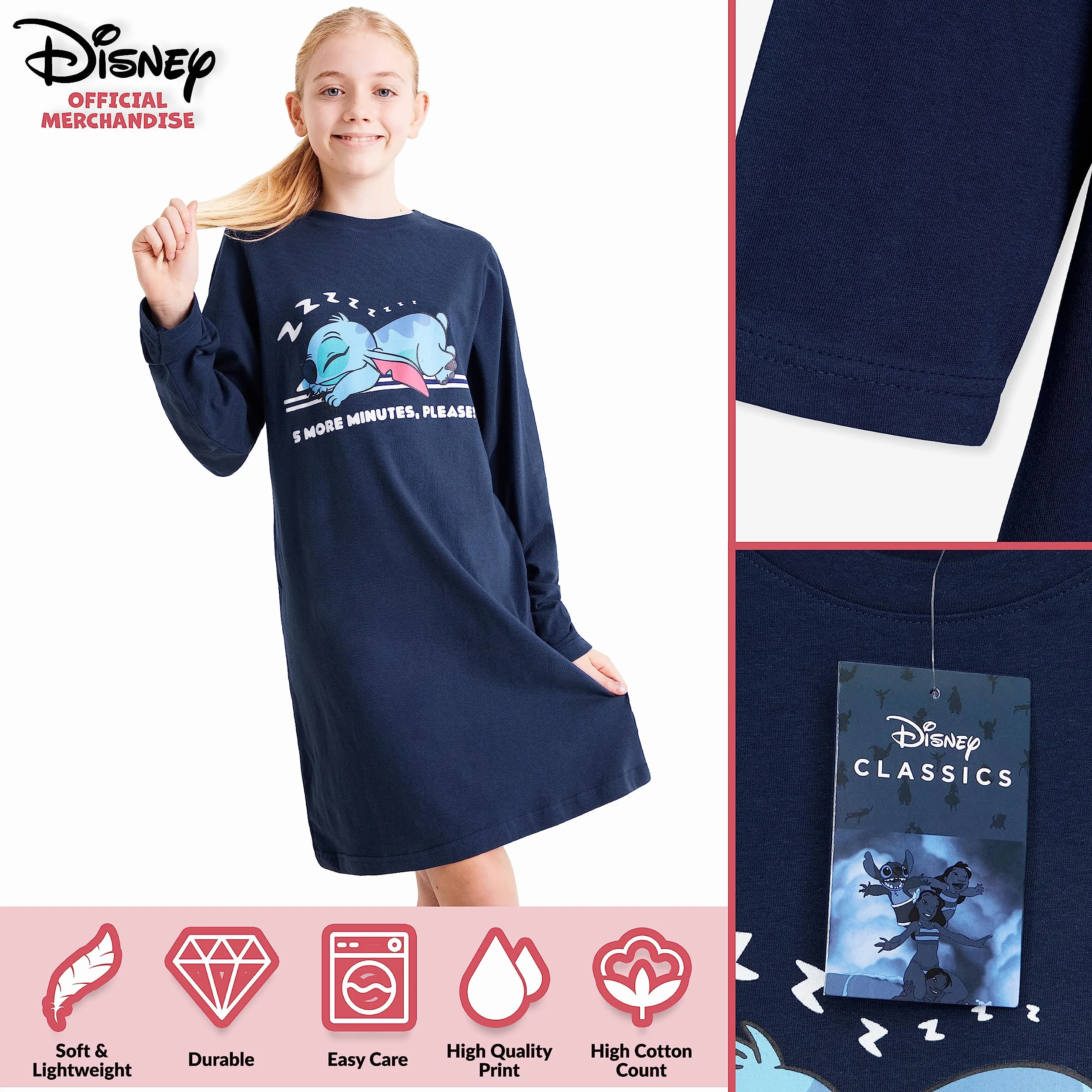 Disney Dziewczęca koszula nocna Lilo i Stitch piżama, prezenty ze ściegiem dla dziewcząt
