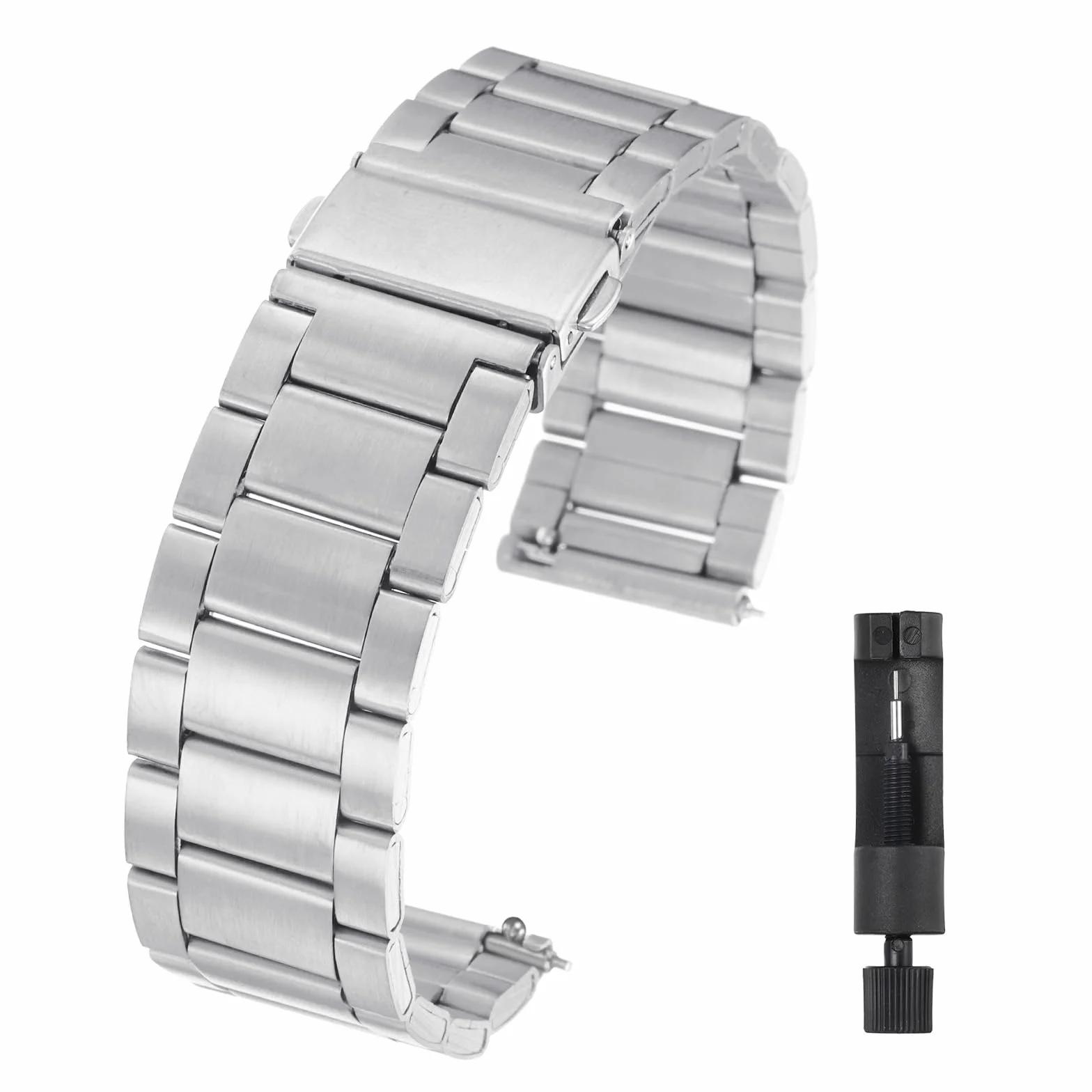 QUARKZMAN 20 mm paski do zegarków ze stali nierdzewnej z metalowym zapięciem motylkowym z metalową powłoką z solidną stalą łańcuchową Quick Release z adapterem Silver Tone