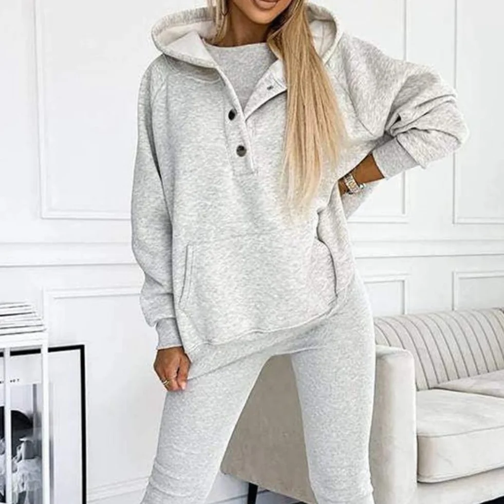 Calmlily 3-częściowy zestaw z kapturem dla kobiet, solidna bluza z kapturem oversize na guziki, 3-częściowe zestawy bluzy z kapturem oversize dla kobiet, zestawy treningowe