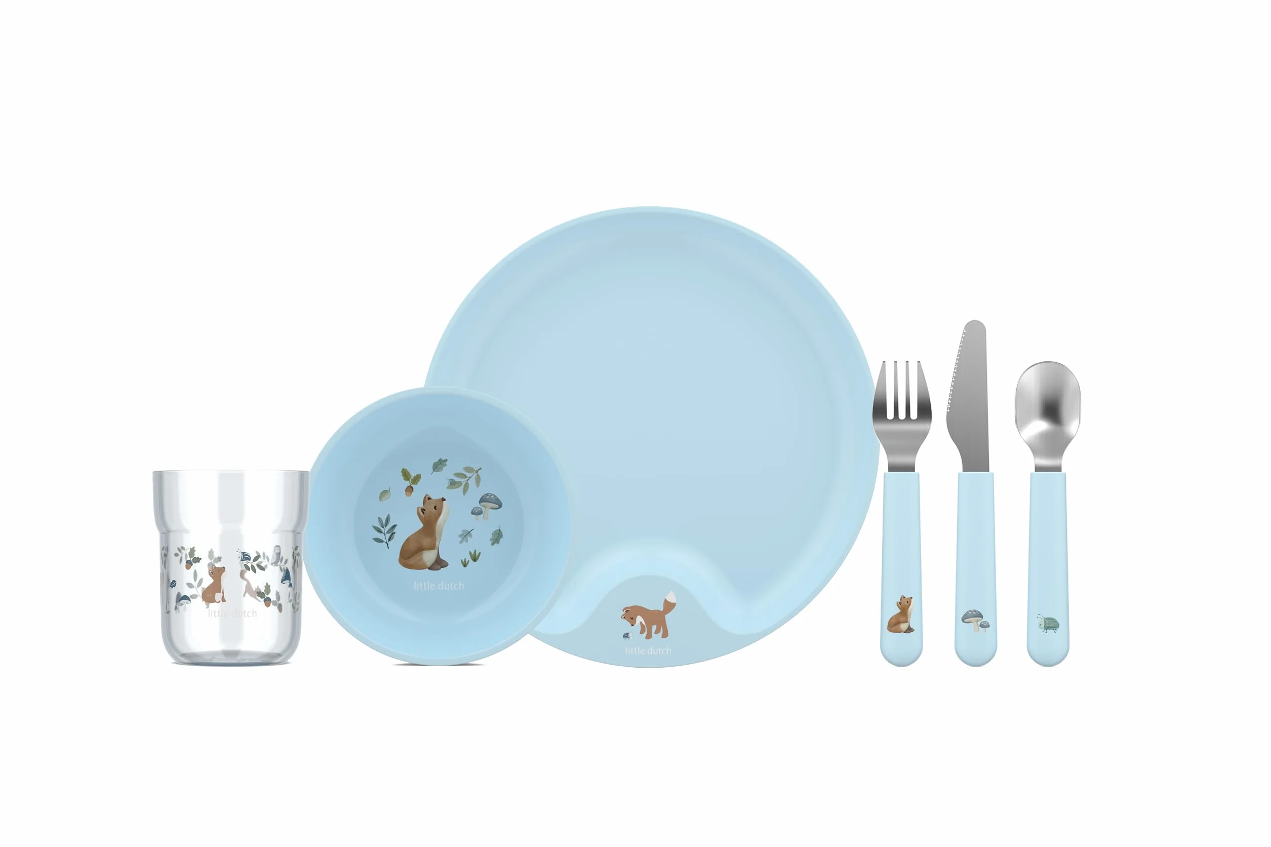 Mepal 6-Częściowy Zestaw Naczyń Stołowych dla Dzieci Mio Little Dutch, Sztućce, Szklanka, Talerz, Miska, Nadaje się do Zmywarki, Forest Friends