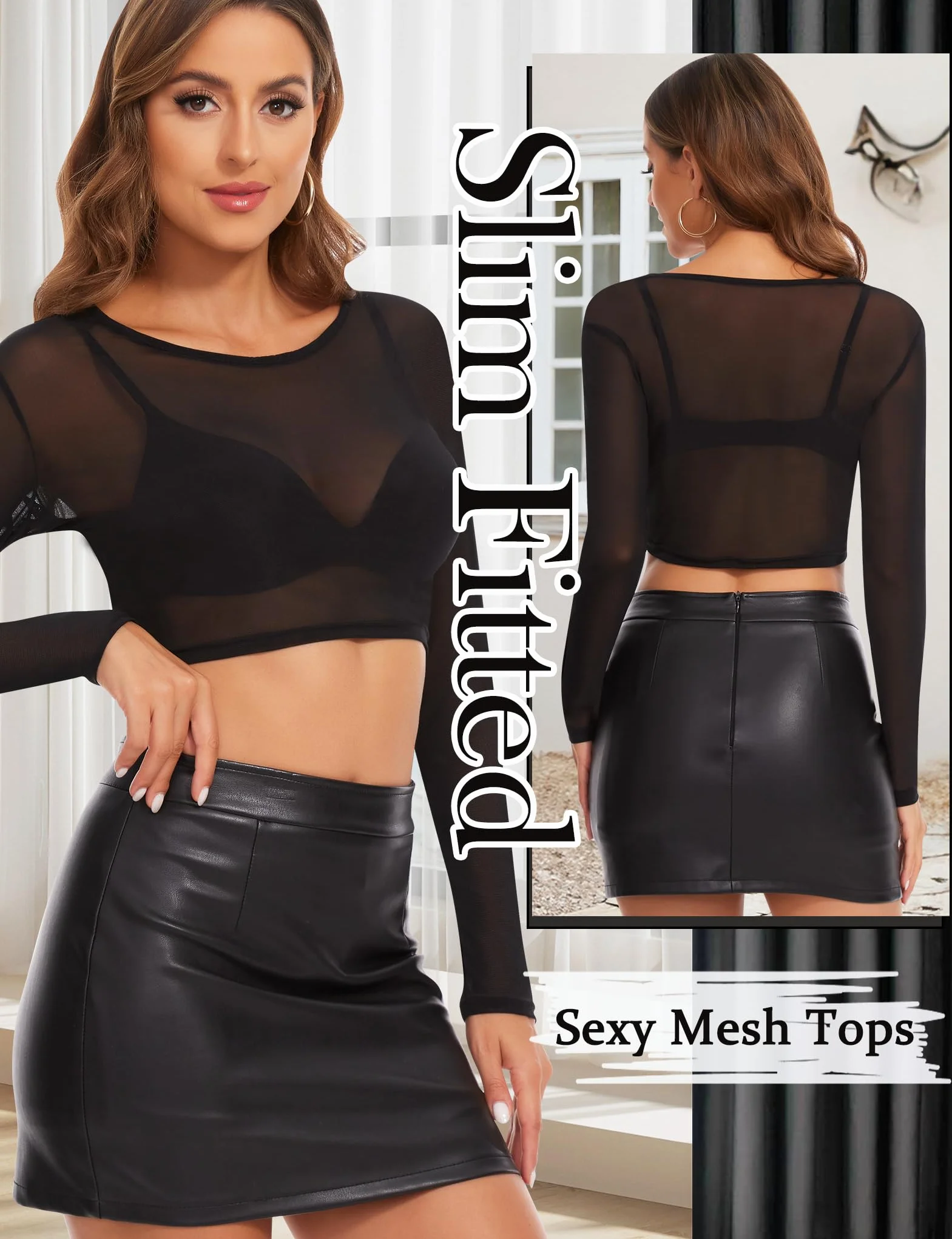 Kiiwah Damskie przezroczyste topy z długim rękawem seksowna bluzka sheer siatkowa przezroczysta koszulka krótki top z siateczki w kształcie litery O slim fit klubowa koszula tiulowa siatka top