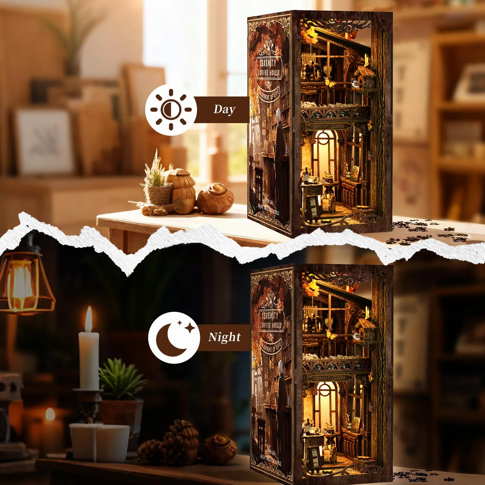 GuKKK Zestaw Book Nook DIY drewniane puzzle 3D z oświetleniem LED dekoracja półki na książki miniaturowy dom