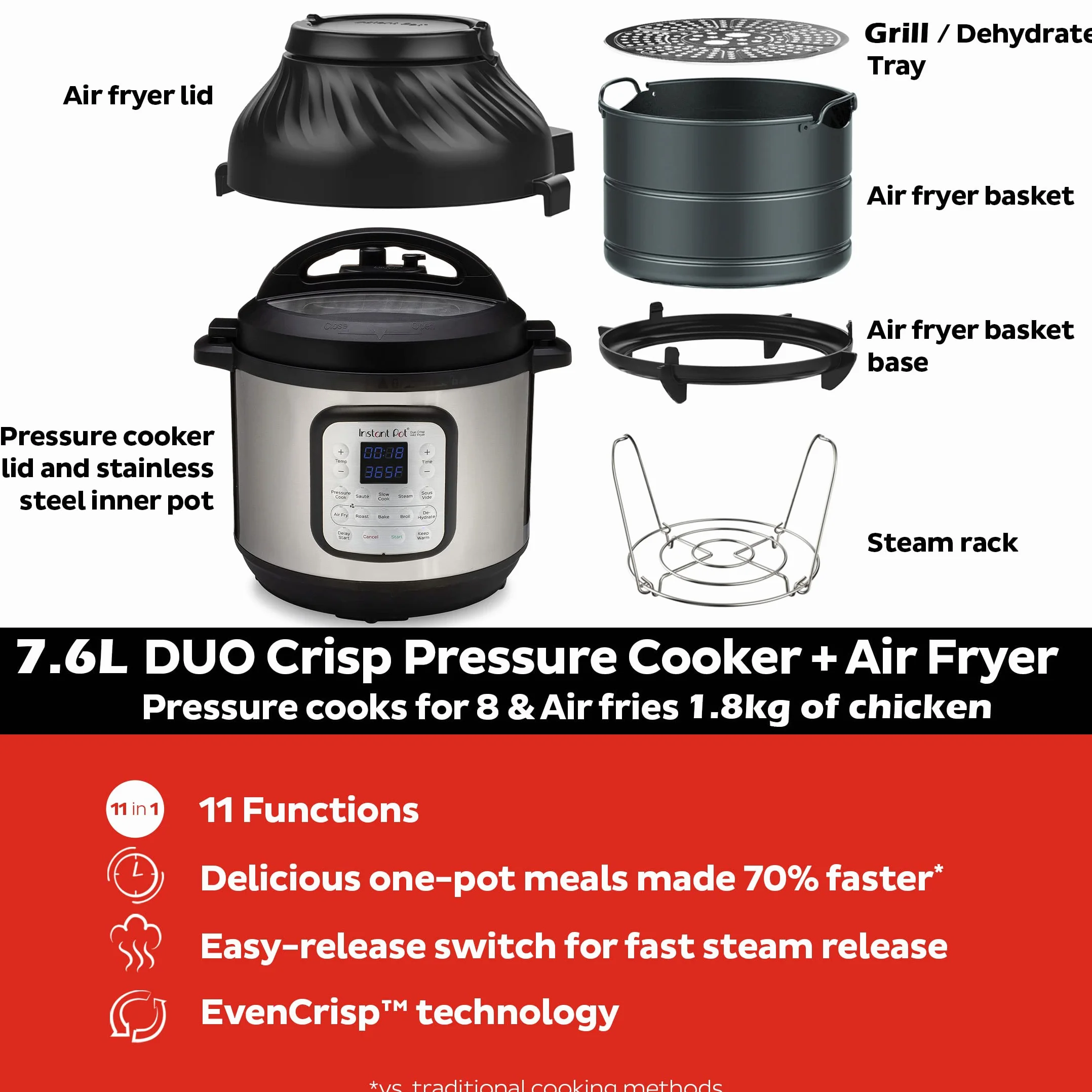 Instant Pot 140-0042-01-EU Duo Crisp 8 Wielofunkcyjne Urządzenie Do Gotowania, Stal Nierdzewna, W, 8 L, Srebrny/Czarny