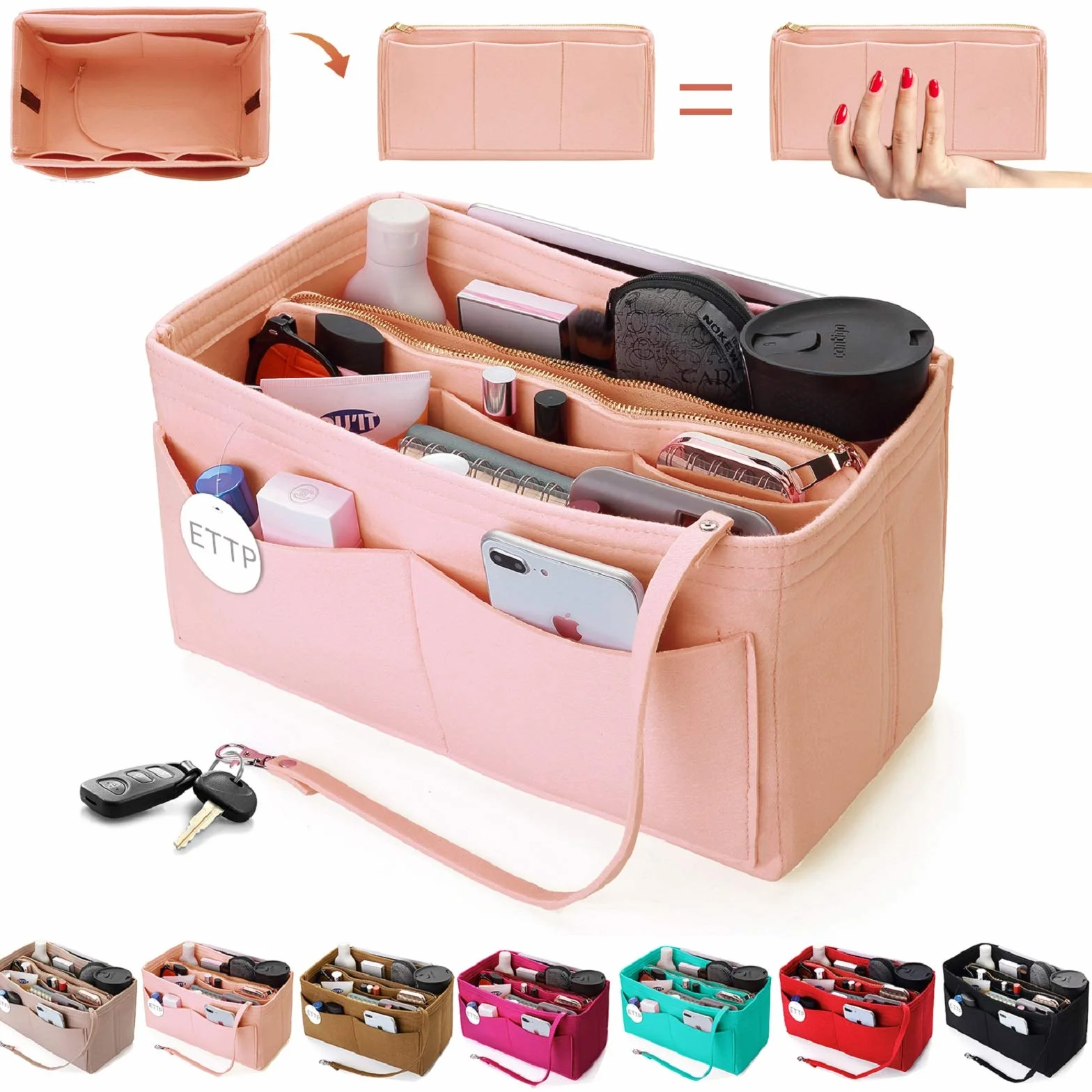 Wkładka do organizera do torebki, filcowa wkładka do organizera na ramię z metalowym zamkiem błyskawicznym, organizer do torebki dla szybkości, Neverfull, Tote, torebka, 7 kolorów 5 rozmiarów pędzel różowy rozmiar: M