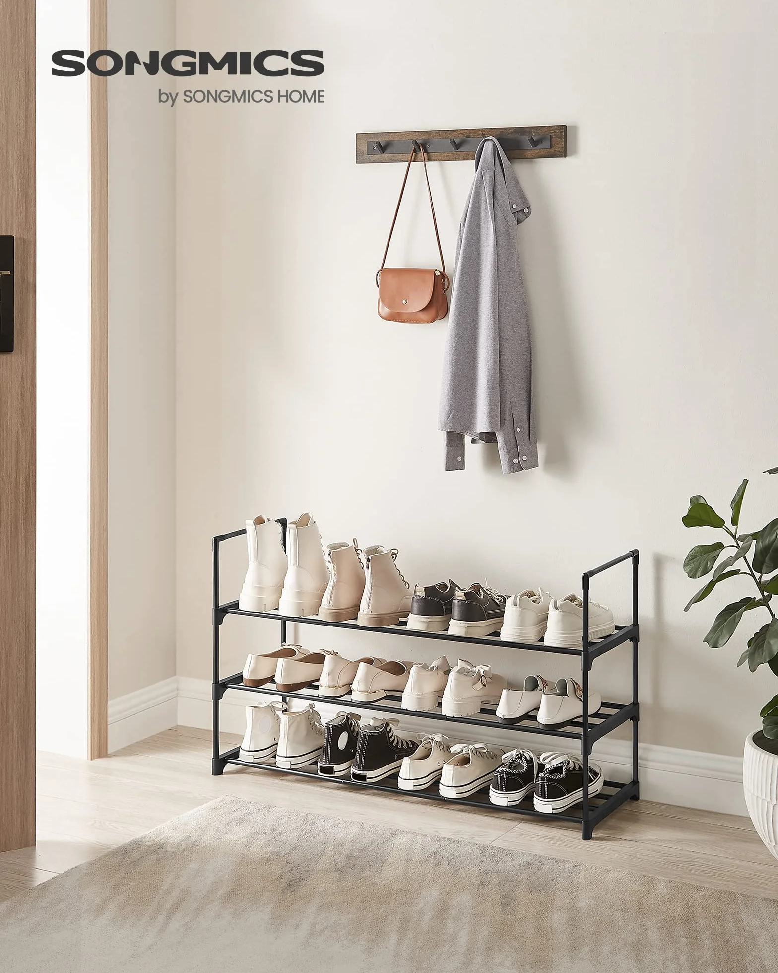 SONGMICS Regał na buty, 3-poziomowy, metalowy, 12-15 par, do korytarza, salonu, sypialni, 30 x 92 x 55 cm, czarny, LSA303B02