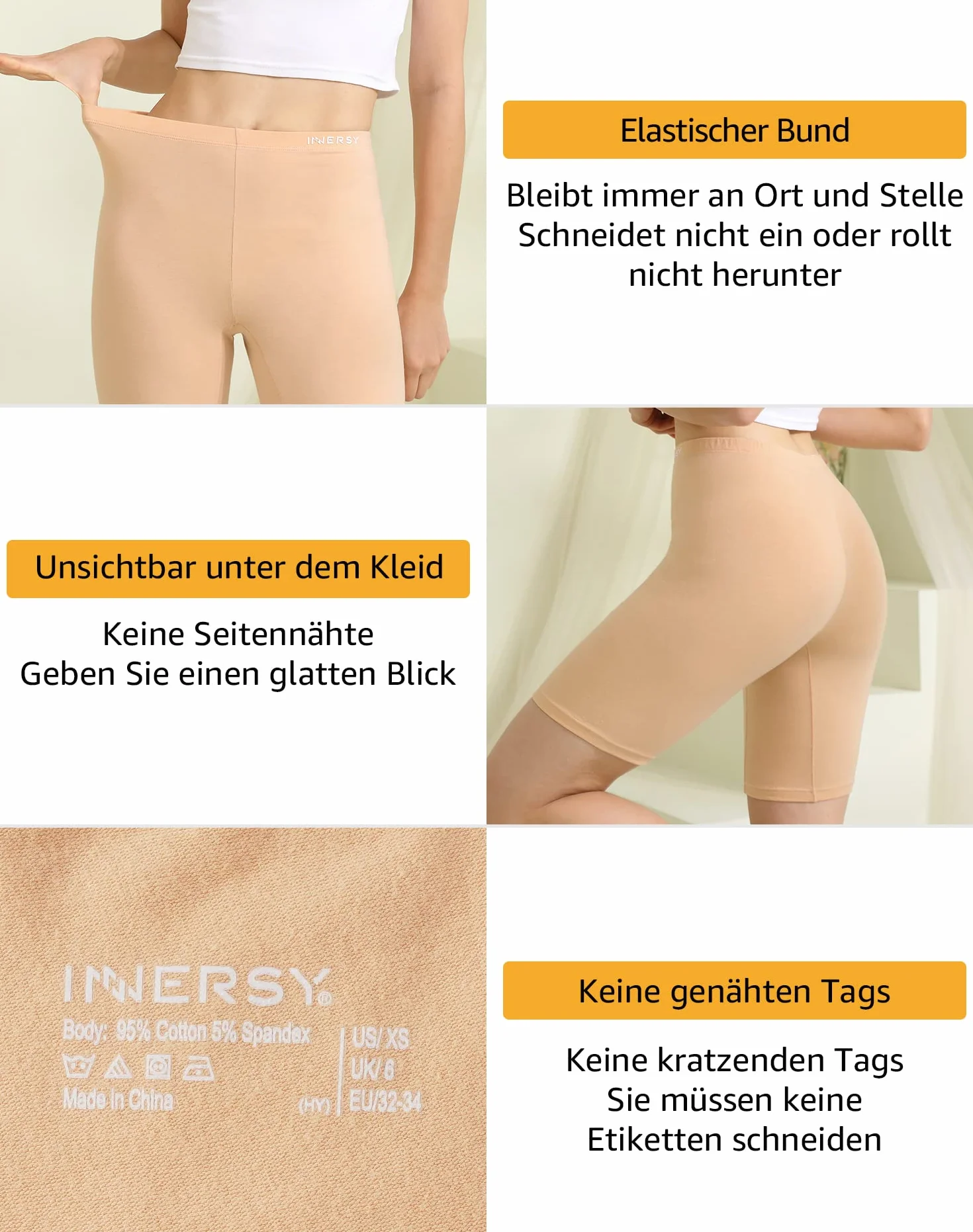 INNERSY Spodnie rowerowe damskie, bawełniane, długie majtki, zapobiegające otarciom, krótkie spodenki pod sukienkę, 3 sztuki w opakowaniu
