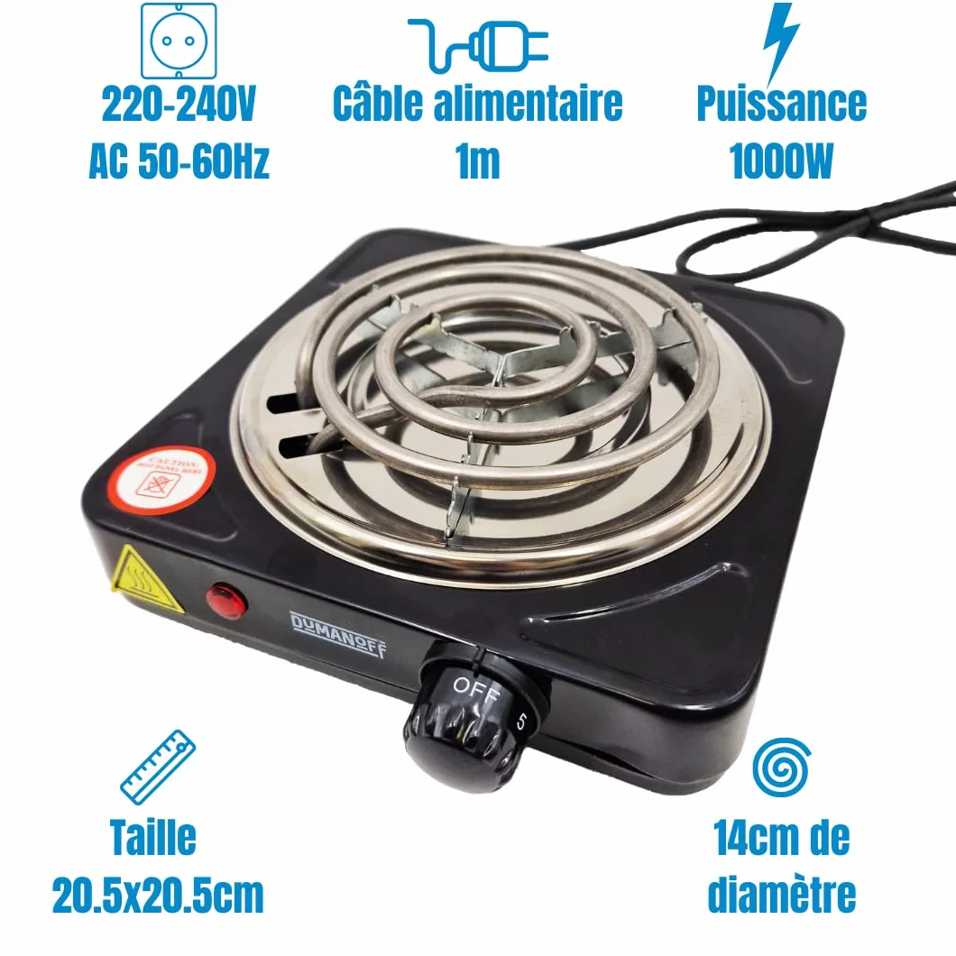 Elektryczna zapalniczka do sziszy węglowej, 1000 W, płyta grzewcza na węgiel naturalny, średnica 14 cm, kolor czarny