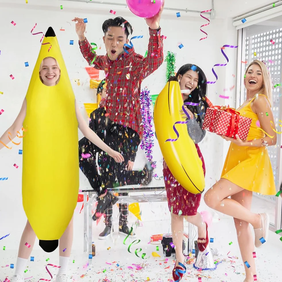 Kostium bananowy, zabawny kostium banana i 1 sztuka dmuchany banan, kostiumy owocowe dla dorosłych na Halloween, na imprezy tematyczne, Boże Narodzenie, cosplay, unisex