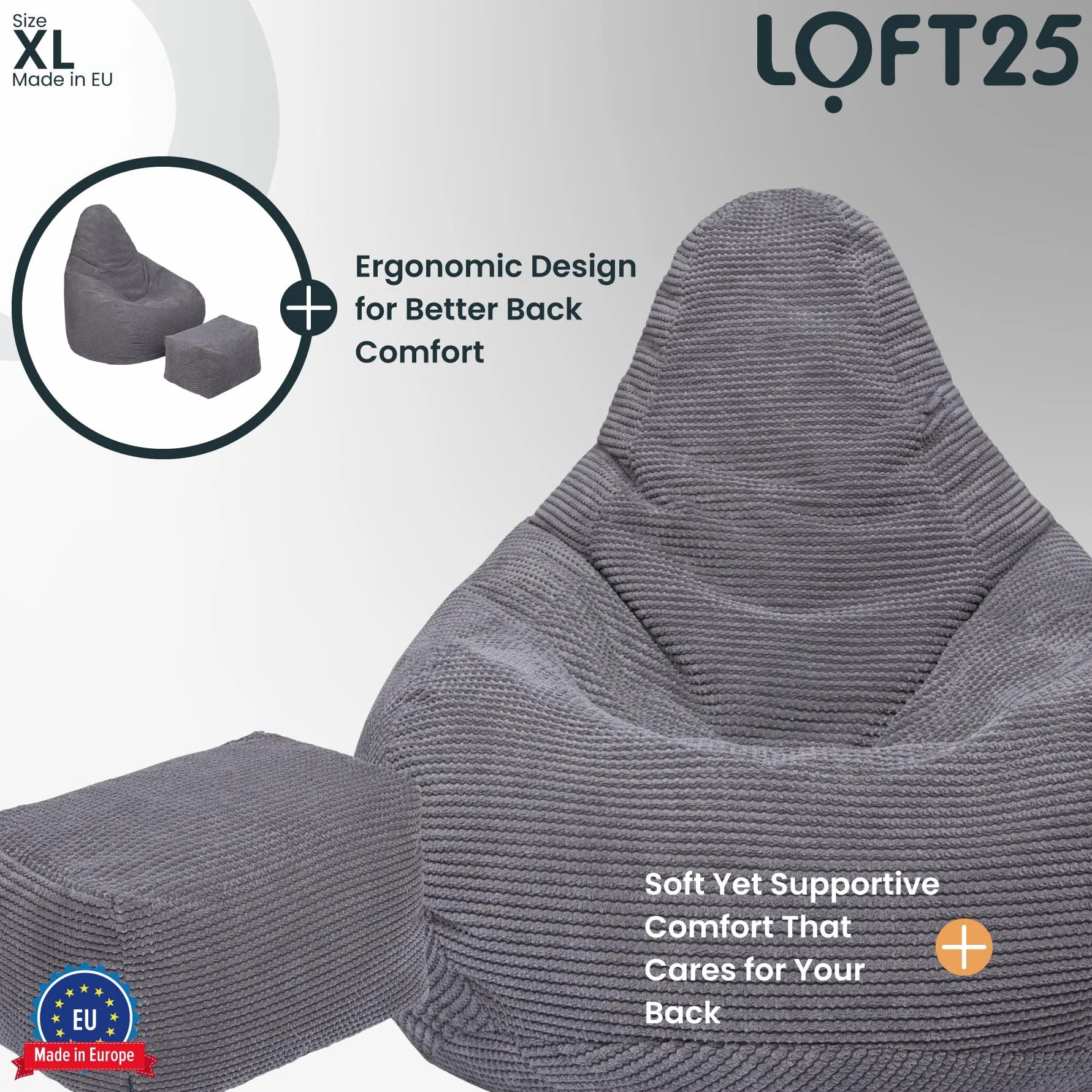 Loft 25 Krzesło do siedzenia z wysokim oparciem dla dorosłych, tkanina sztruksowa, do wewnątrz, do salonu, gamingowa, wewnętrzna wkładka, ergonomiczna konstrukcja dla wsparcia ciała (worek do